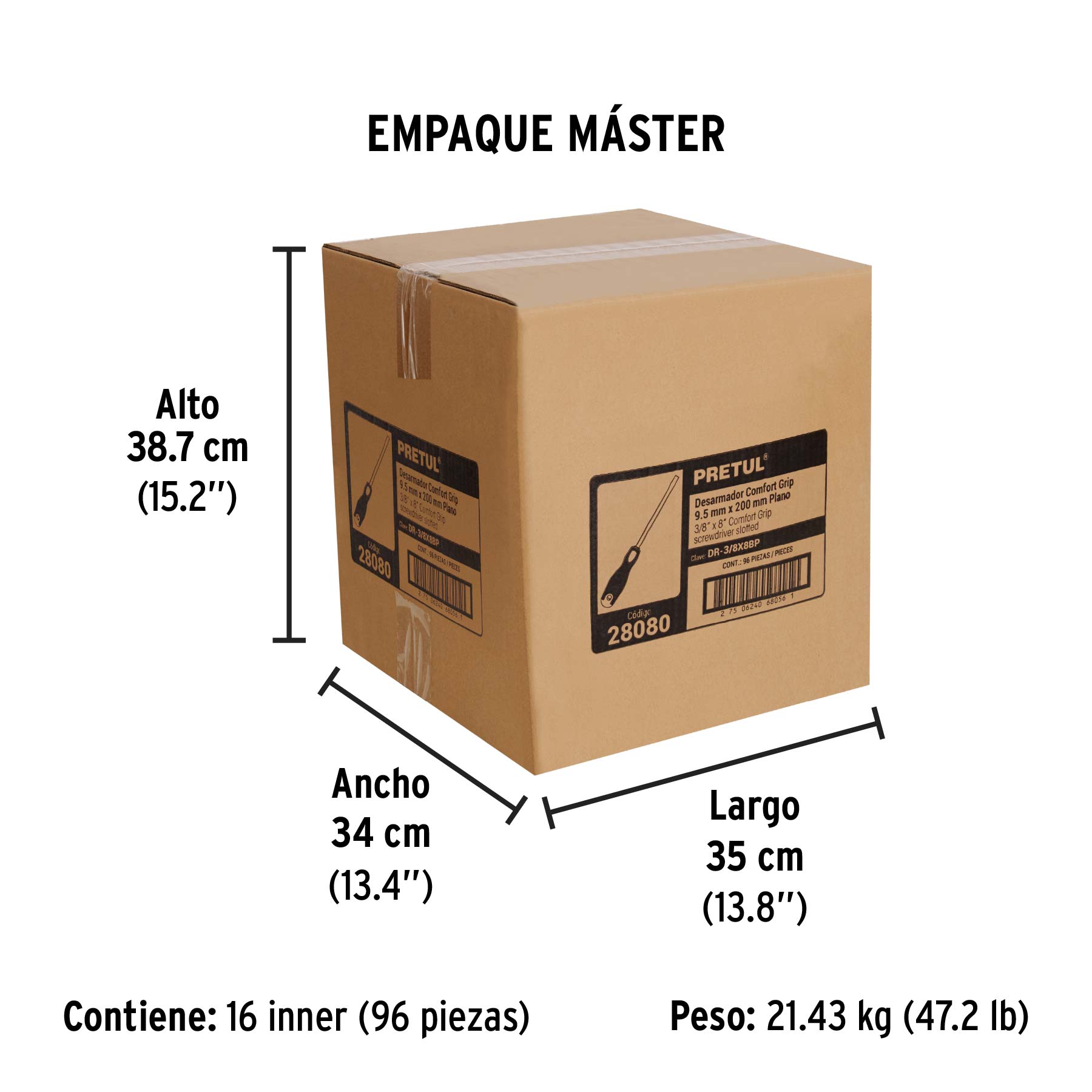 Desarmador plano 3/8" x 8" mango Comfort Grip, PRETUL - Empaque