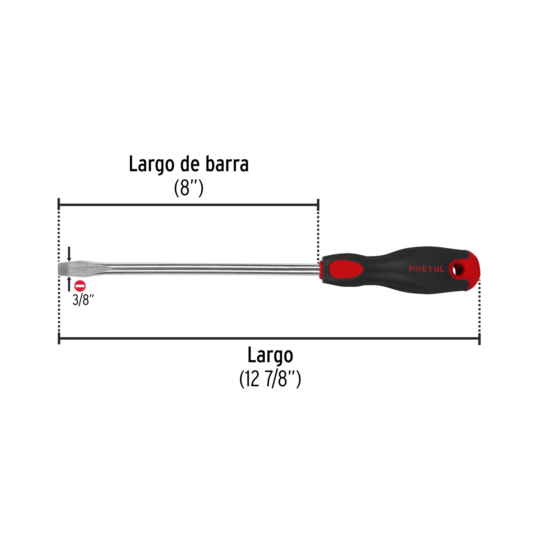 Desarmador plano 3/8" x 8" mango Comfort Grip, PRETUL