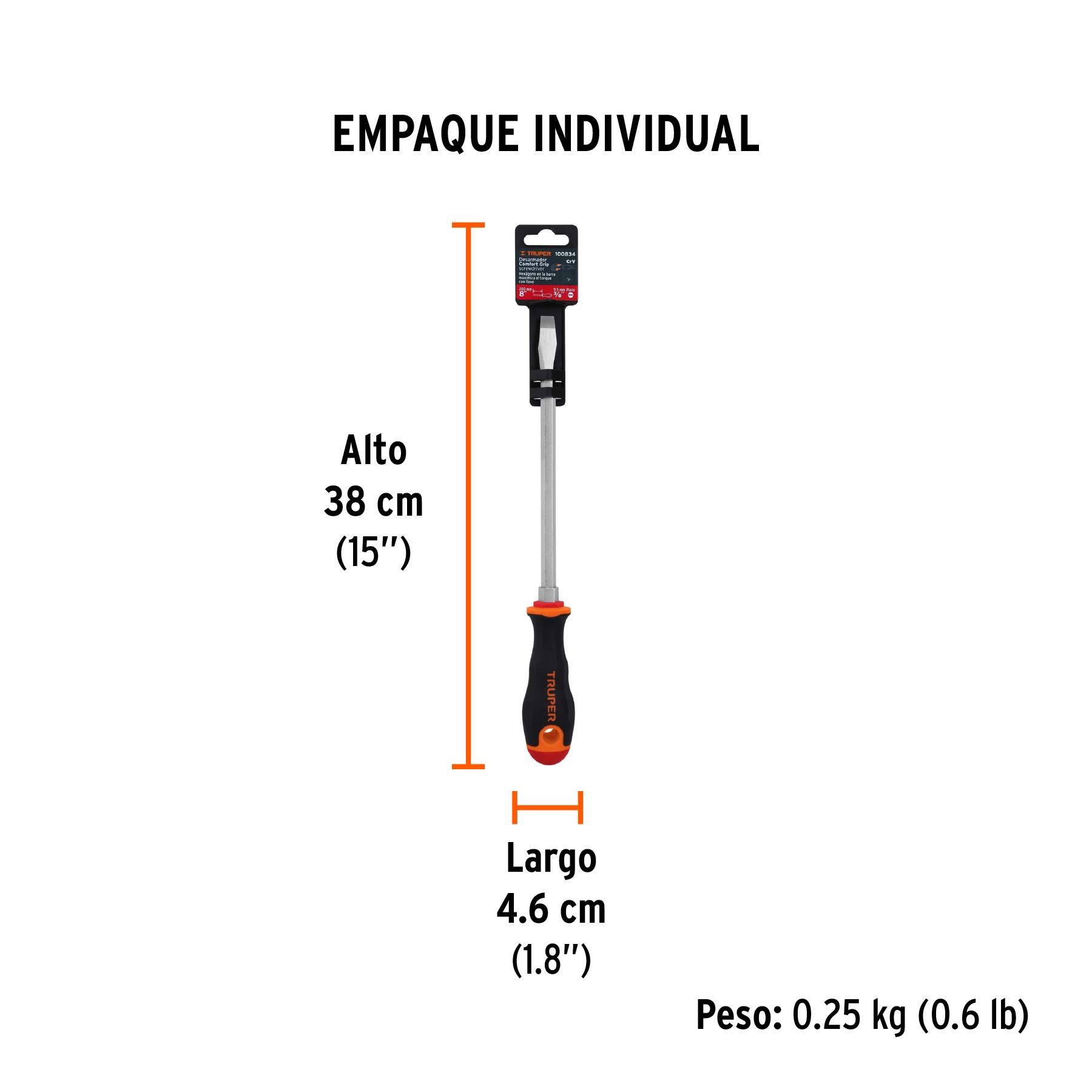 Desarmador plano 3/8" x 8" mango Comfort Grip, TRUPER - Empaque