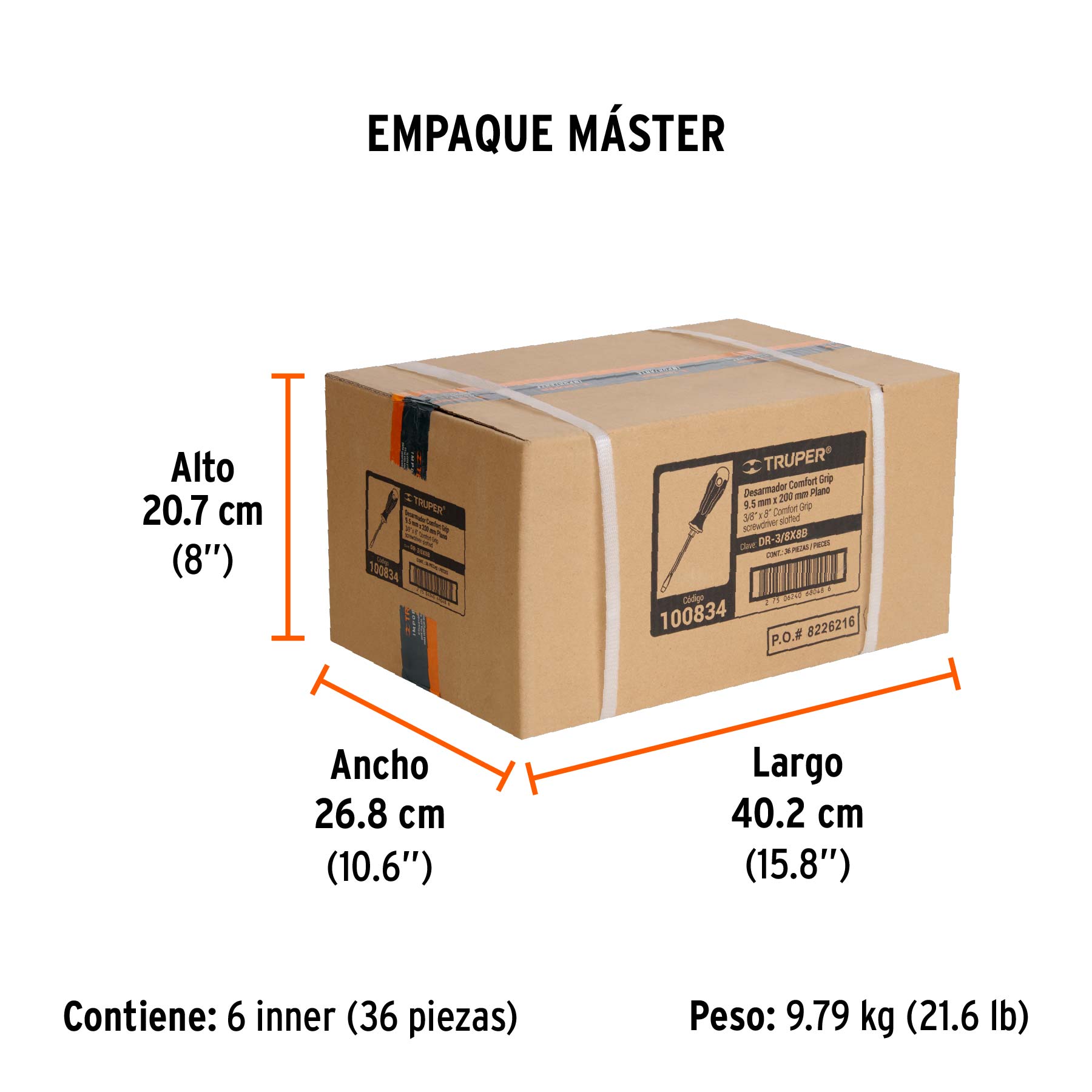 Desarmador plano 3/8" x 8" mango Comfort Grip, TRUPER - Empaque