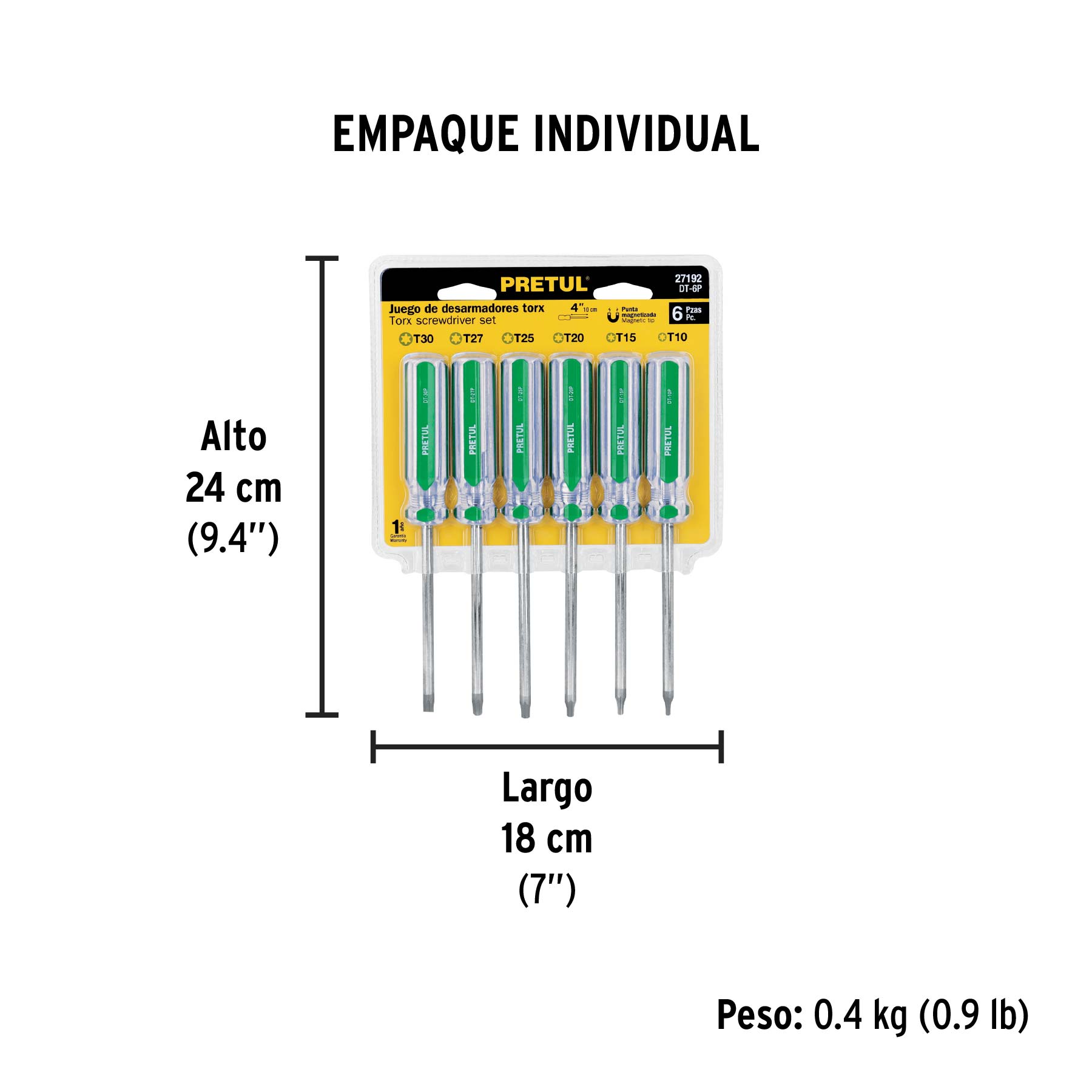 Juego de 6 desarmadores Torx mango de PVC, PRETUL - Empaque