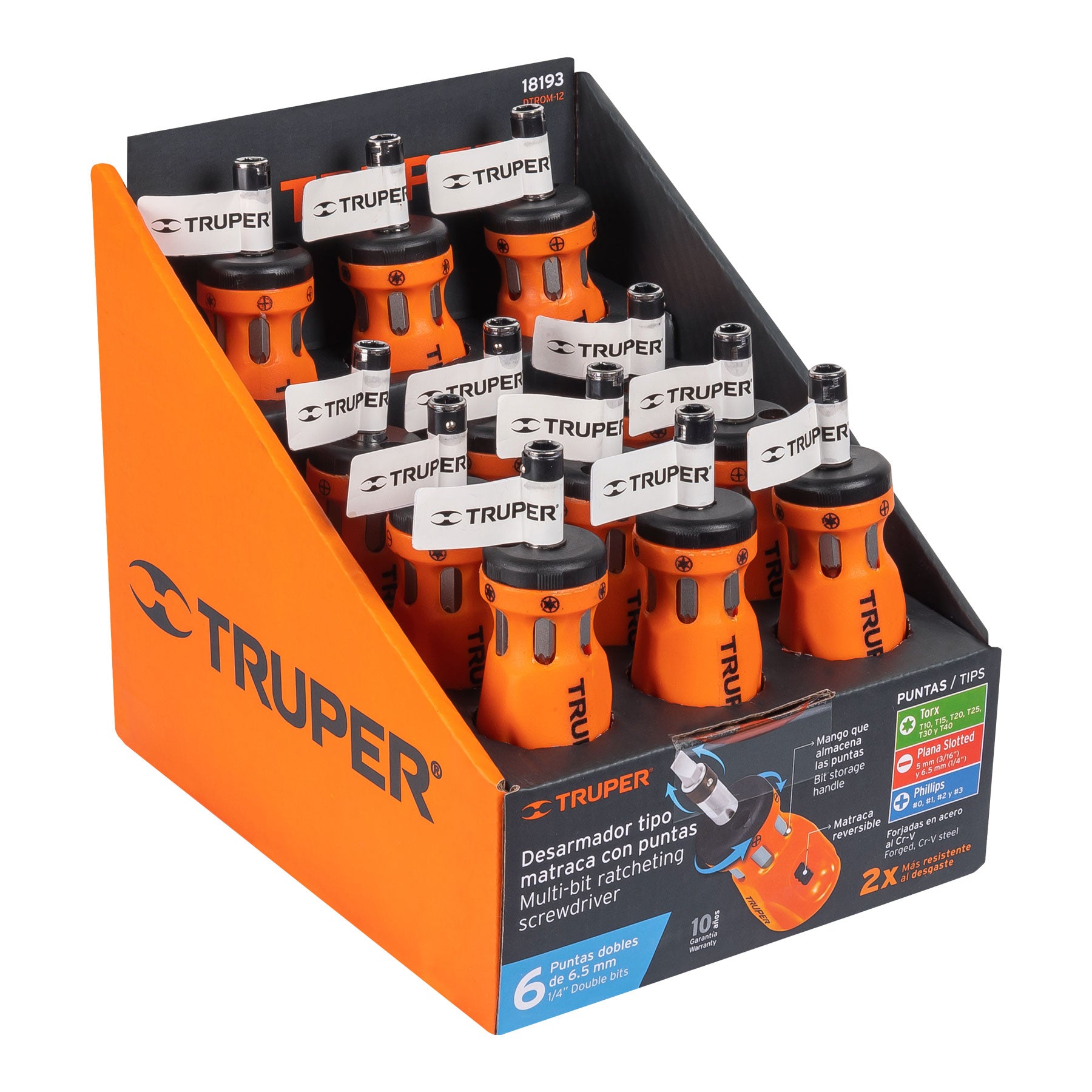 Desarmador tipo trompo con matraca y 6 puntas dobles, TRUPER