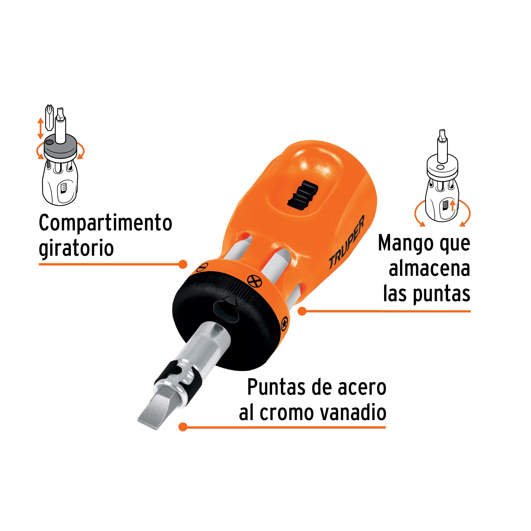 Desarmador tipo trompo con matraca y 6 puntas dobles, TRUPER