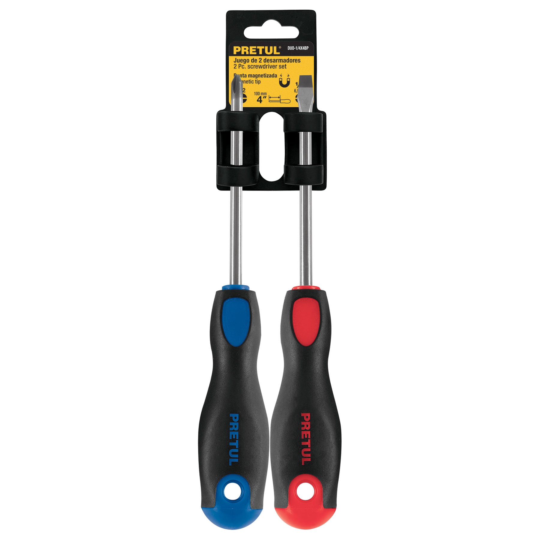 Dúo de desarmadores 1/4" x 4" mango Comfort Grip, PRETUL