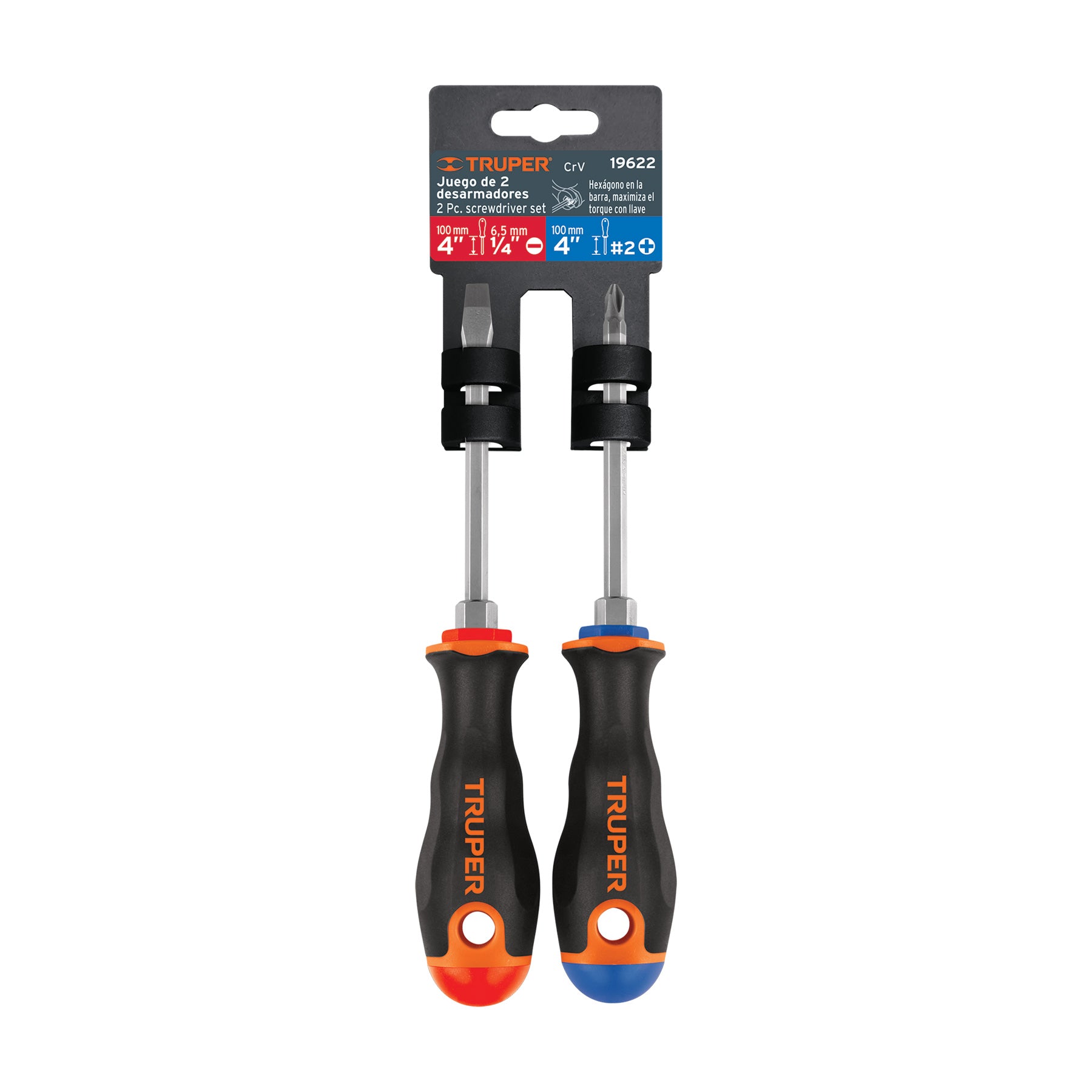 Dúo de desarmadores 1/4" x 4" mango Comfort Grip, TRUPER