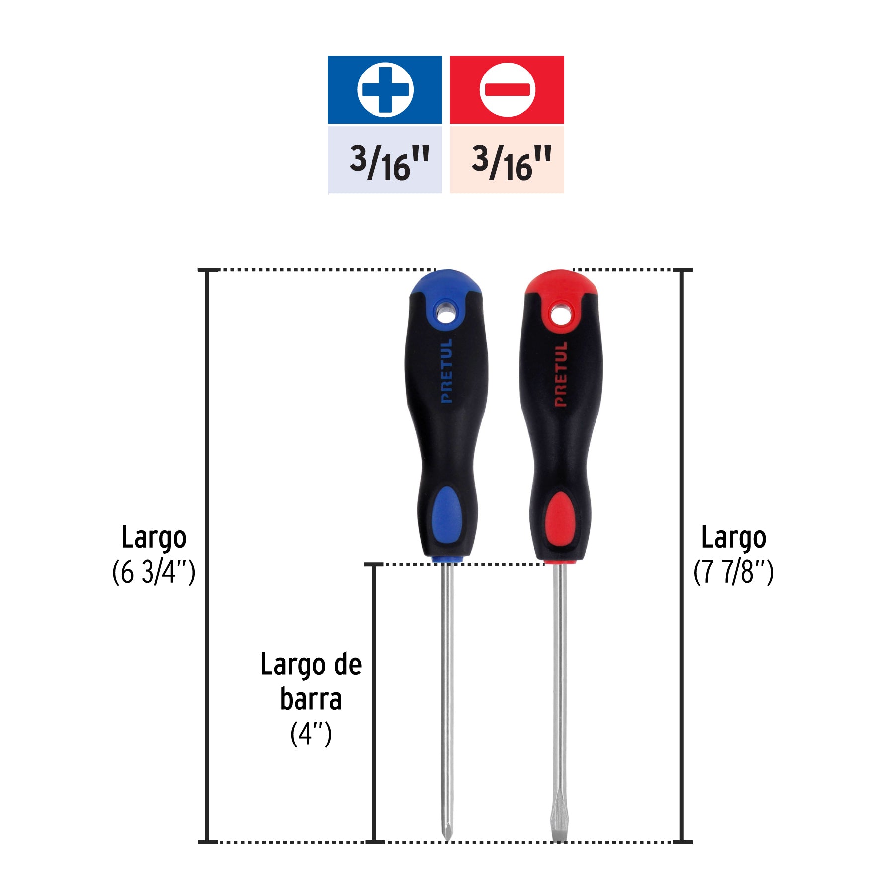 Dúo de desarmadores 3/16" x 4" mango Comfort Grip, PRETUL