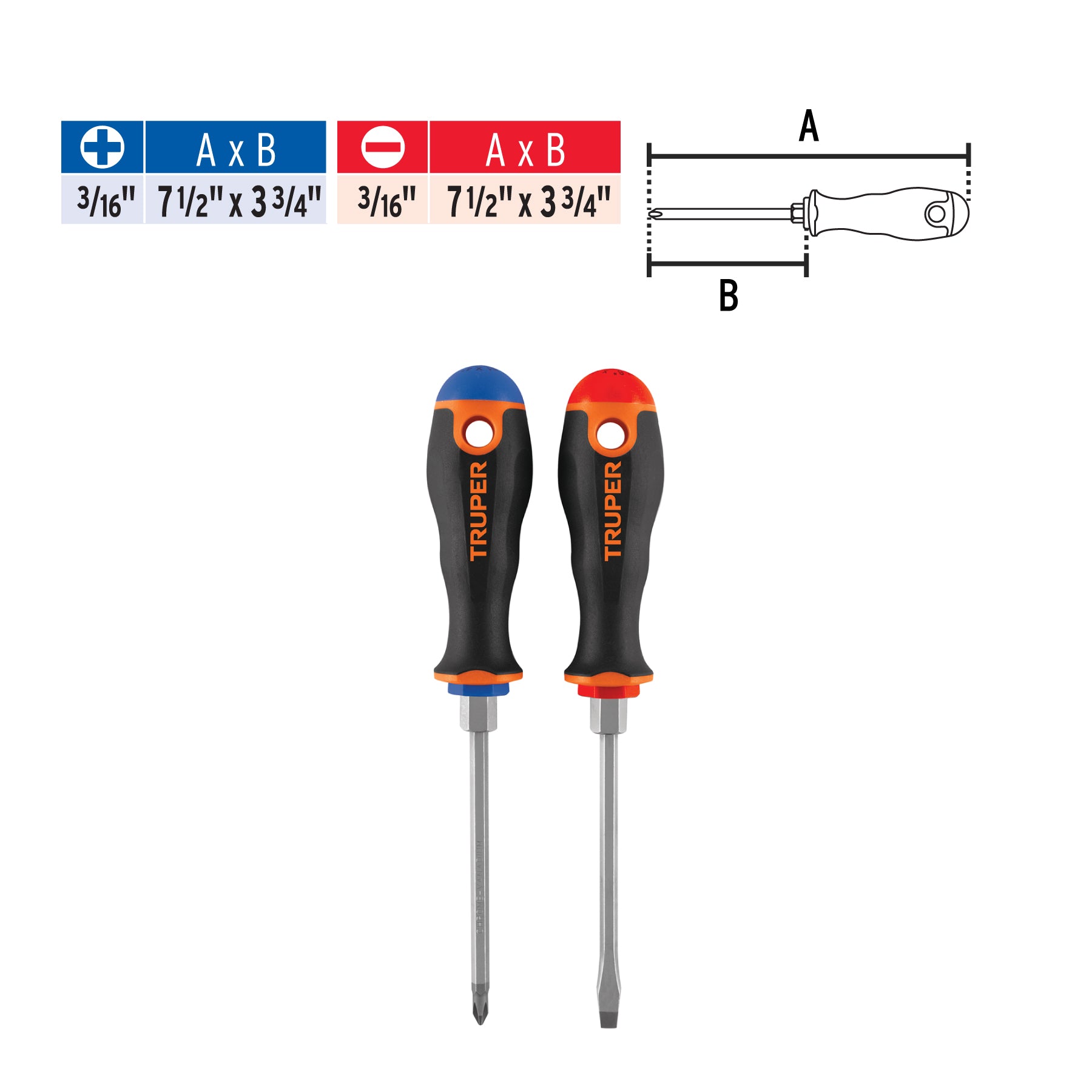 Dúo de desarmadores 3/16" x 4" mango Comfort Grip, TRUPER