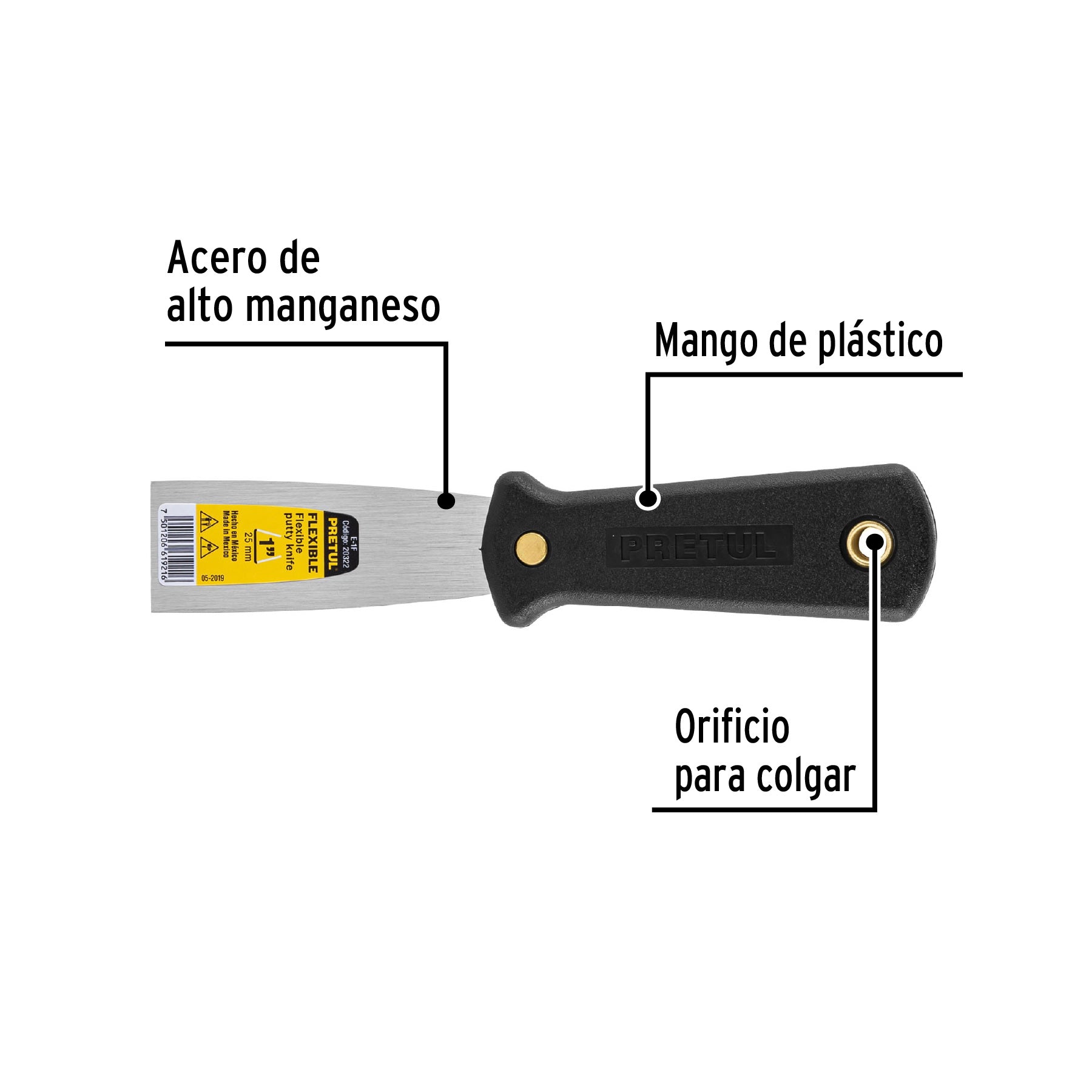 Espátula flexible 1" con mango de plástico, PRETUL