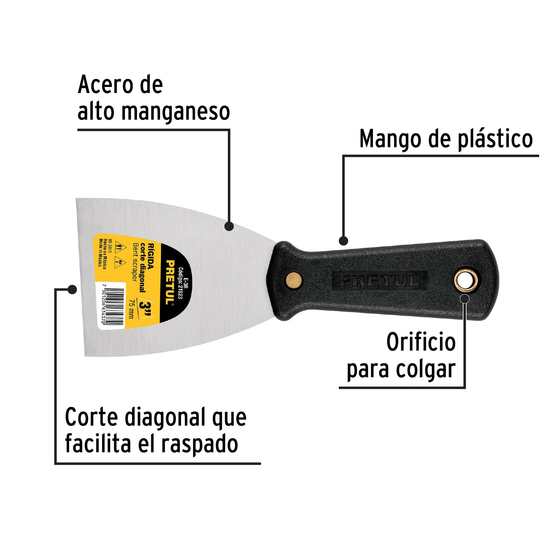 Espátula rígida 3" con mango de plástico, PRETUL