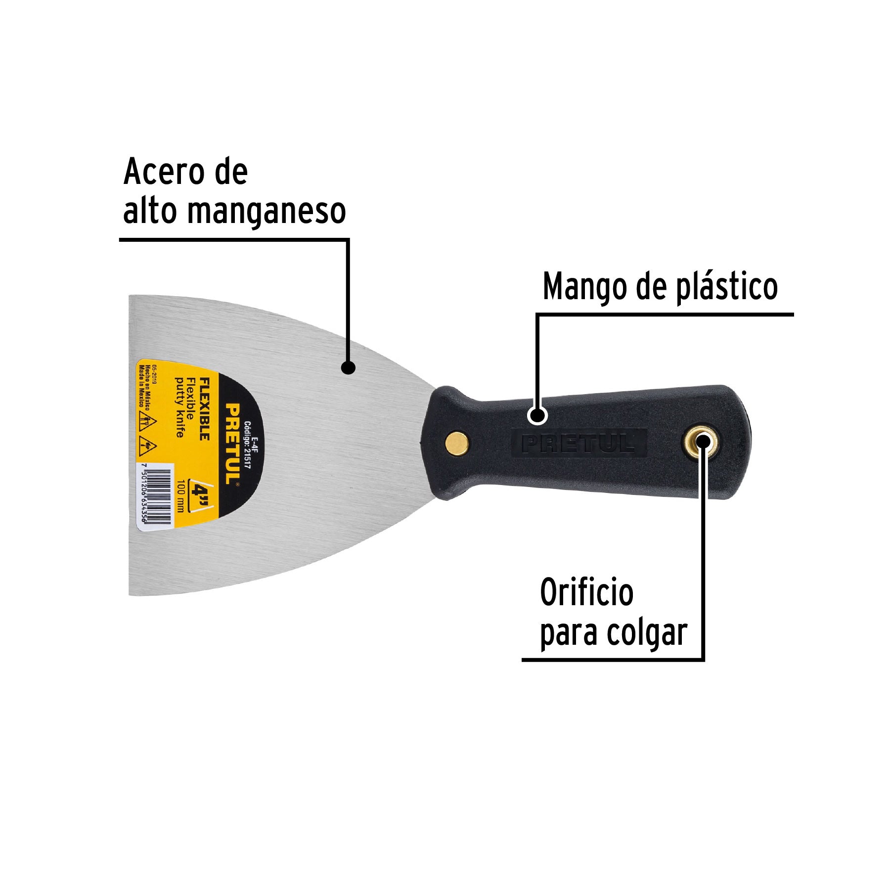 Espátula flexible 4" con mango de plástico, PRETUL