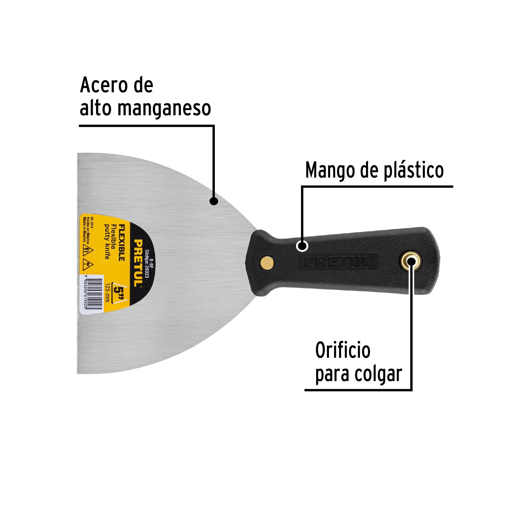 Espátula flexible 5" con mango de plástico, PRETUL