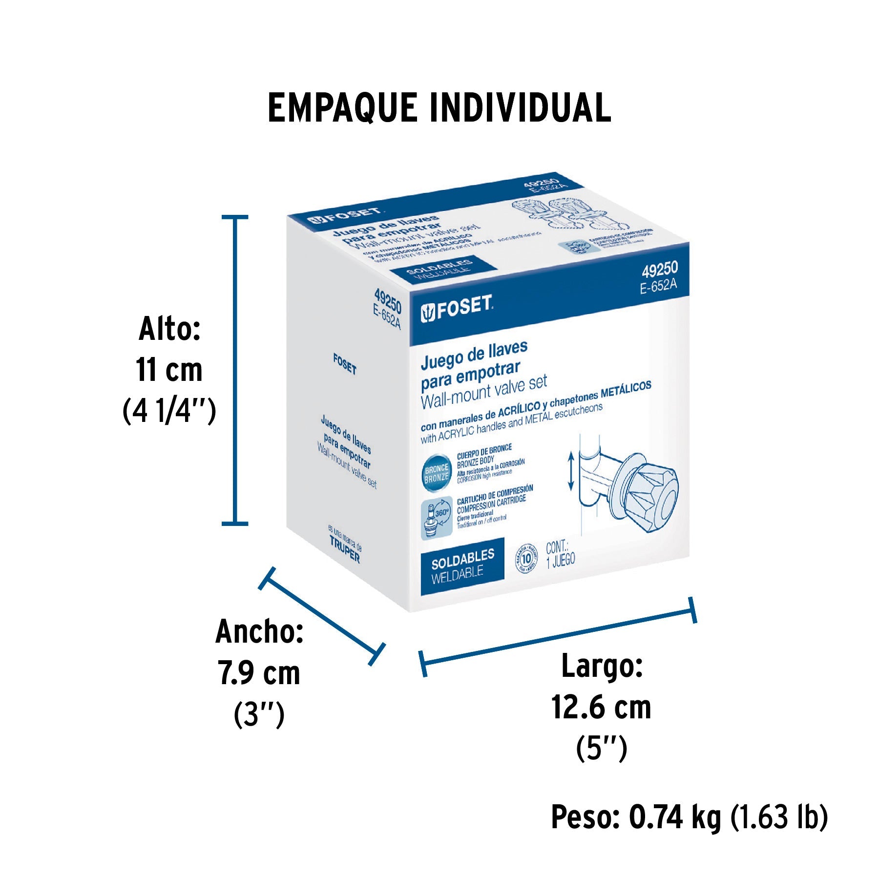 Juego llaves empotrar soldables, maneral acrílico, FOSET - Empaque