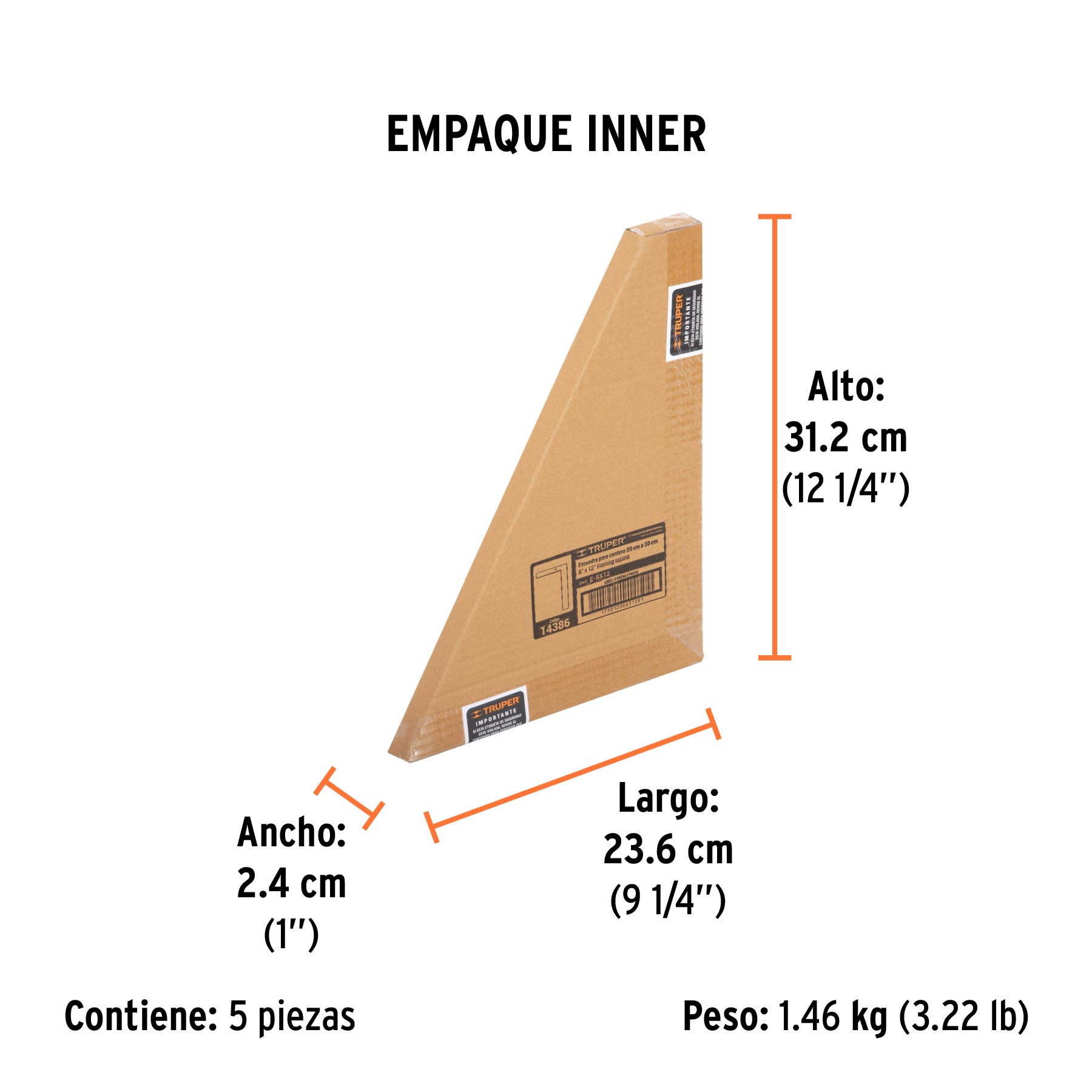 Escuadra 8"x12" de acero para cantero, TRUPER - Empaque