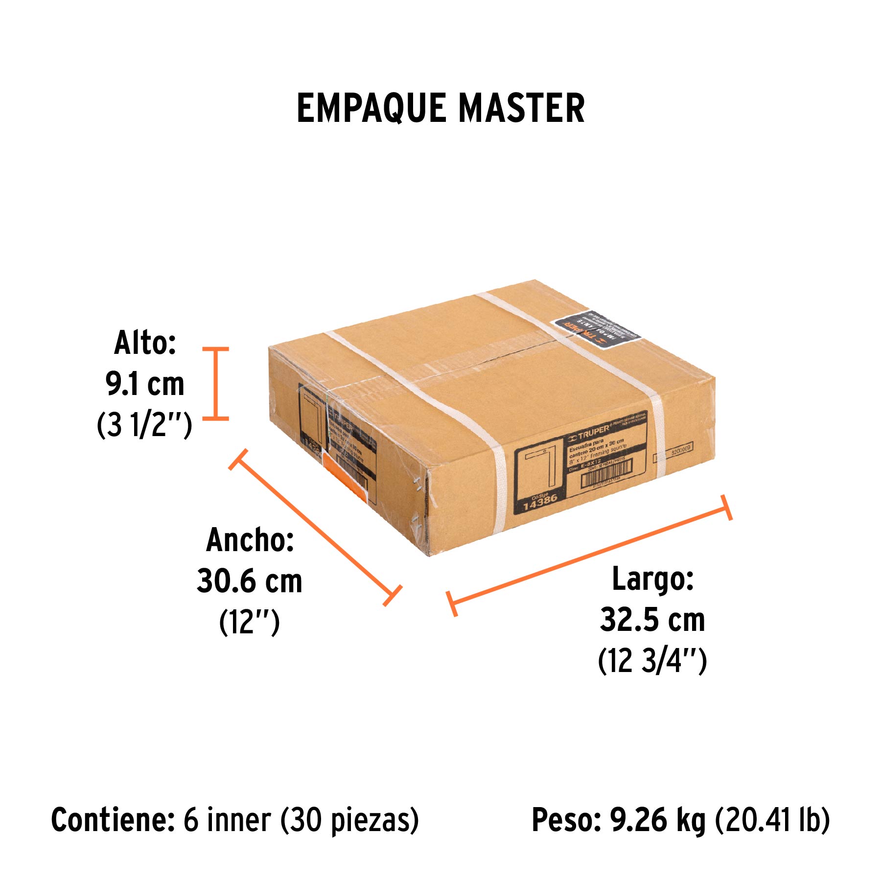 Escuadra 8"x12" de acero para cantero, TRUPER - Empaque