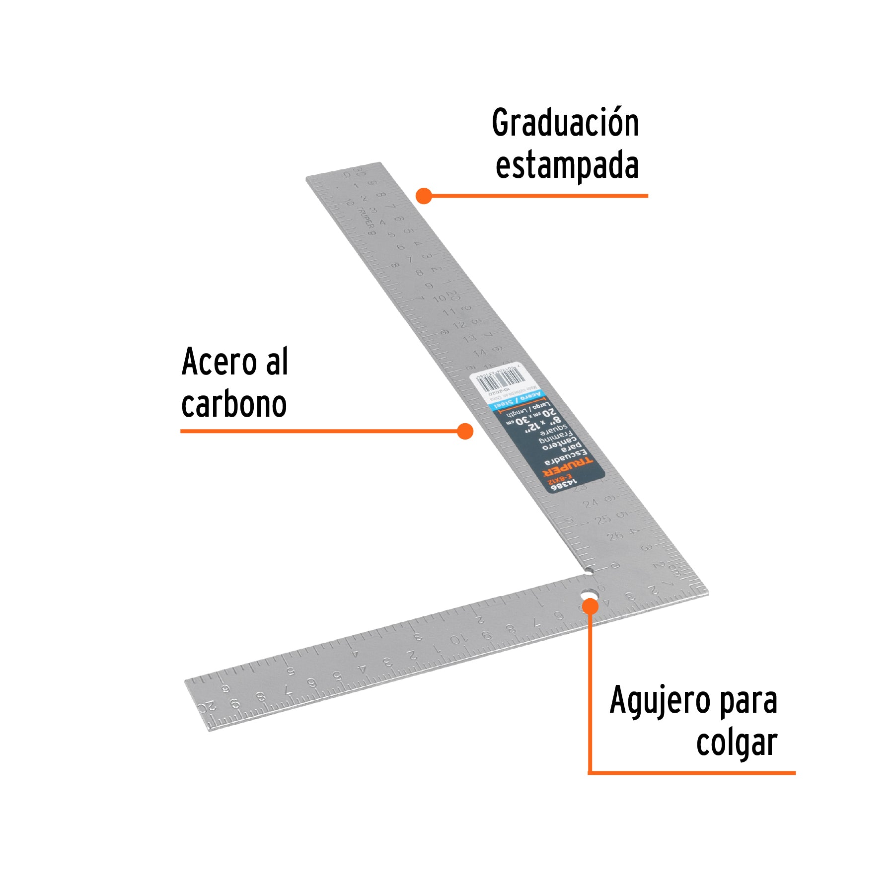 Escuadra 8"x12" de acero para cantero, TRUPER