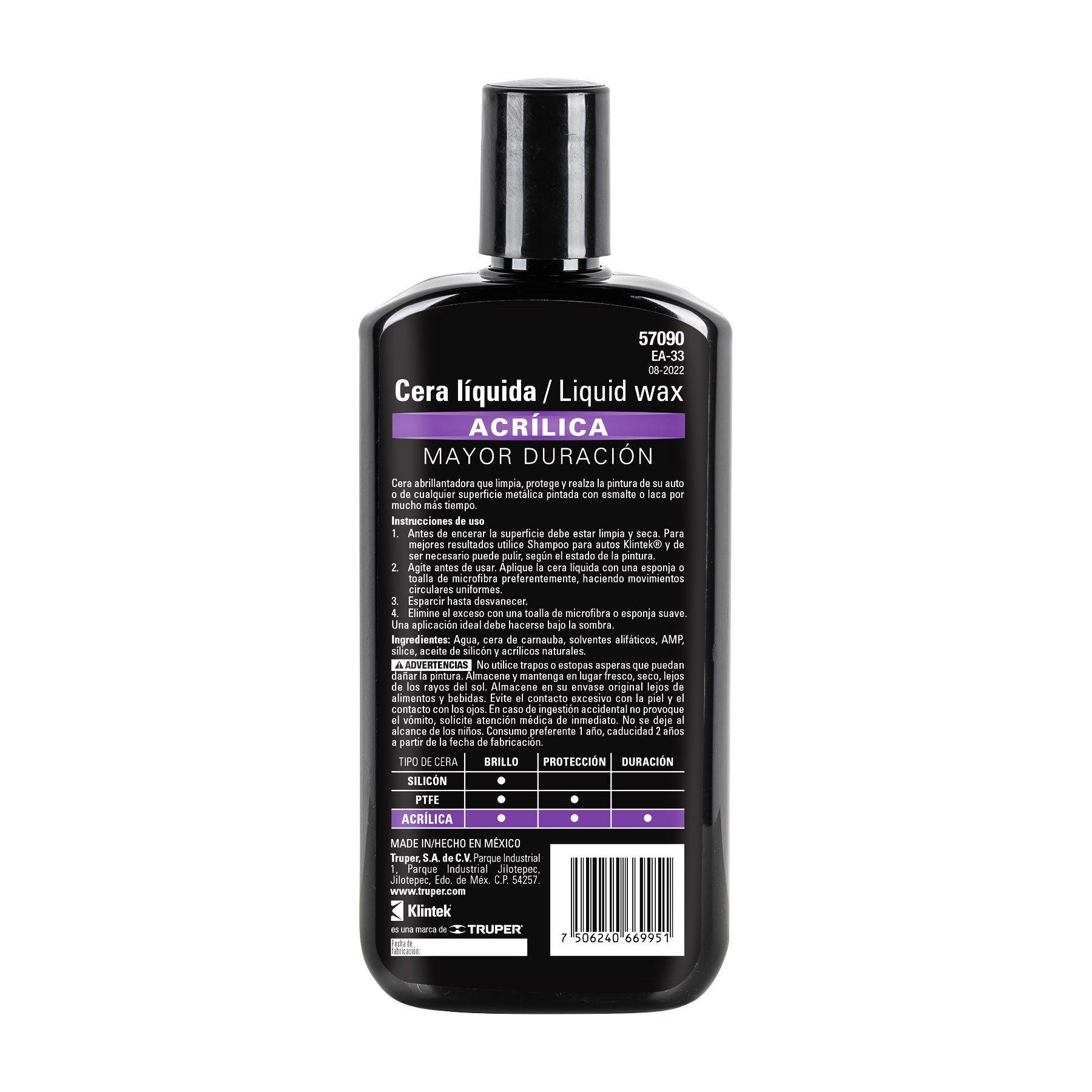 Cera líquida acrílica para auto, 473 ml, KLINTEK