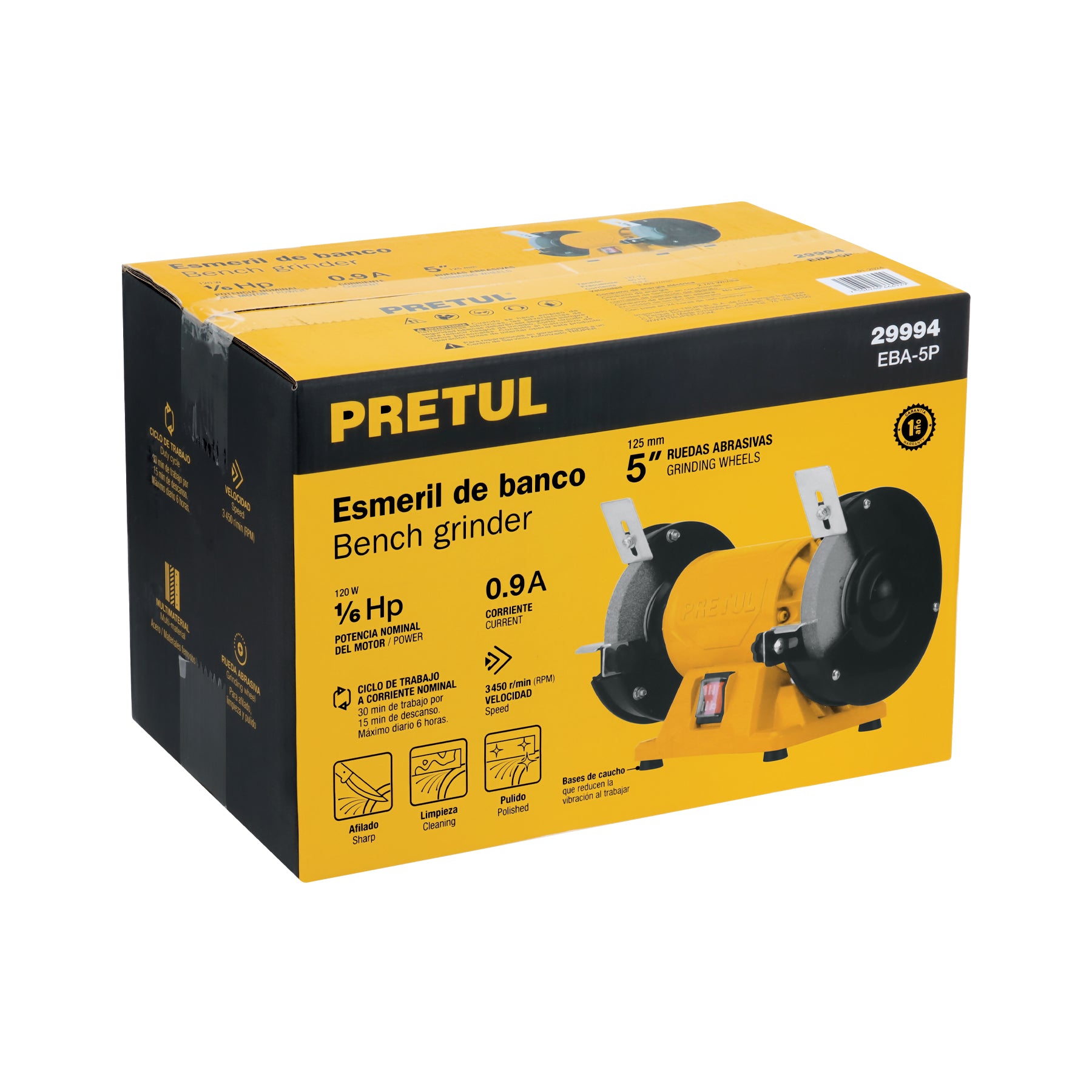 Esmeril de banco de 5" de 1/6 HP (120 W), PRETUL