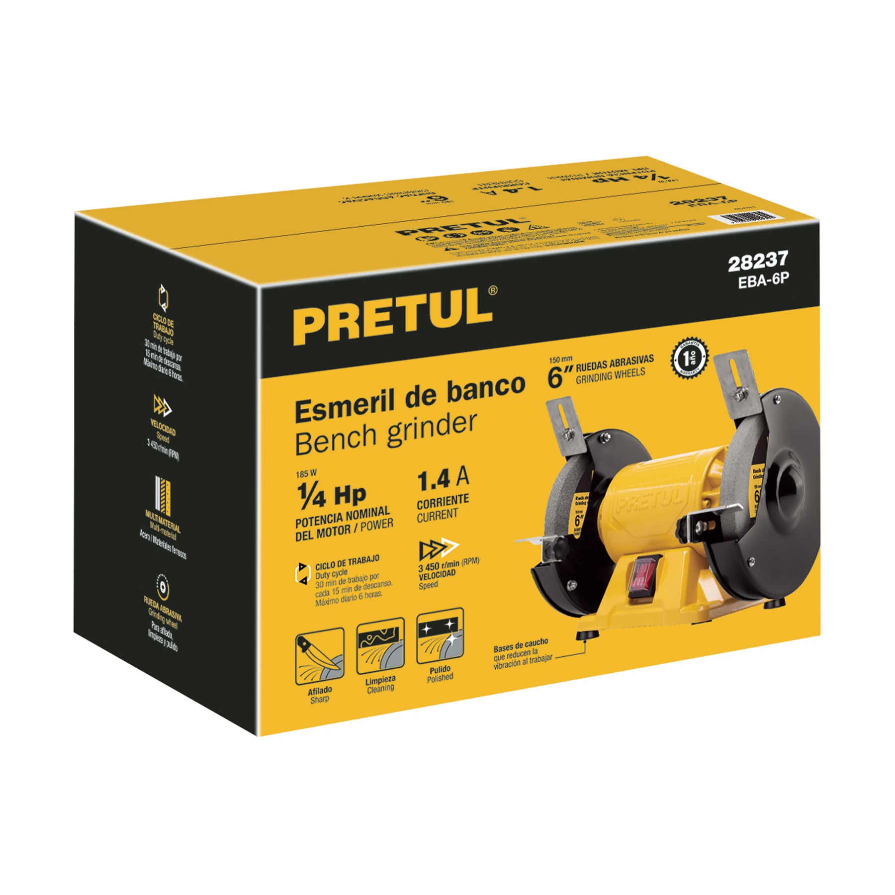 Esmeril de banco de 6" de 1/4 HP (185 W), PRETUL