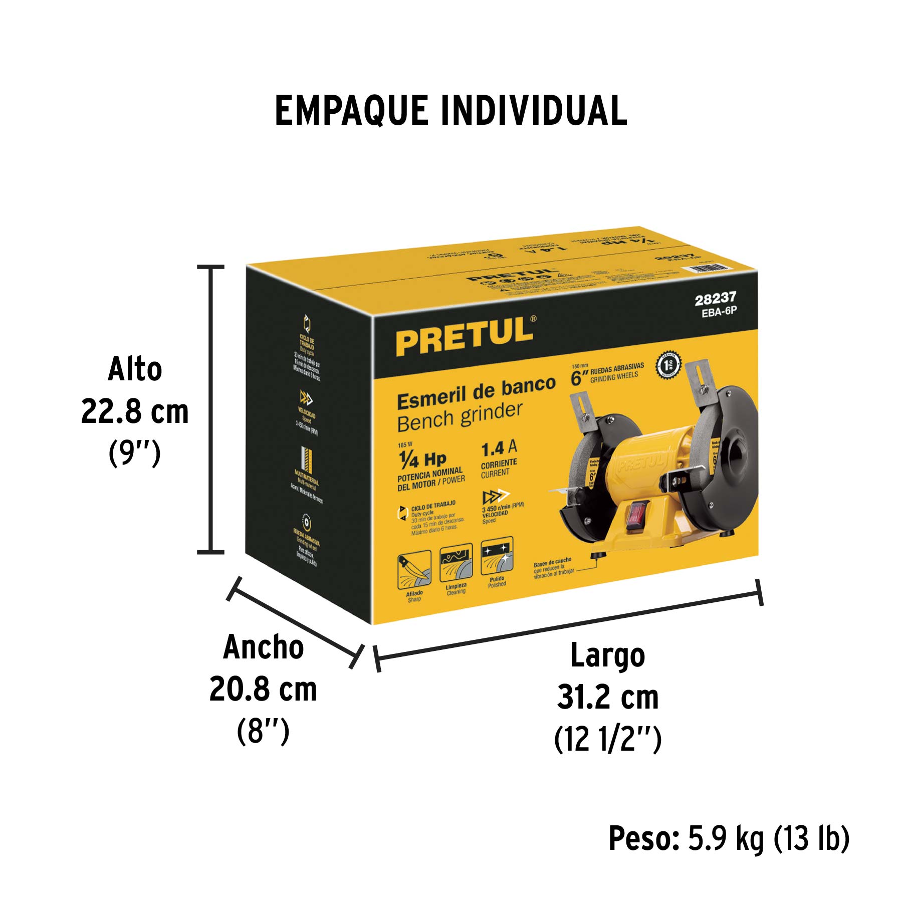 Esmeril de banco de 6" de 1/4 HP (185 W), PRETUL - Empaque