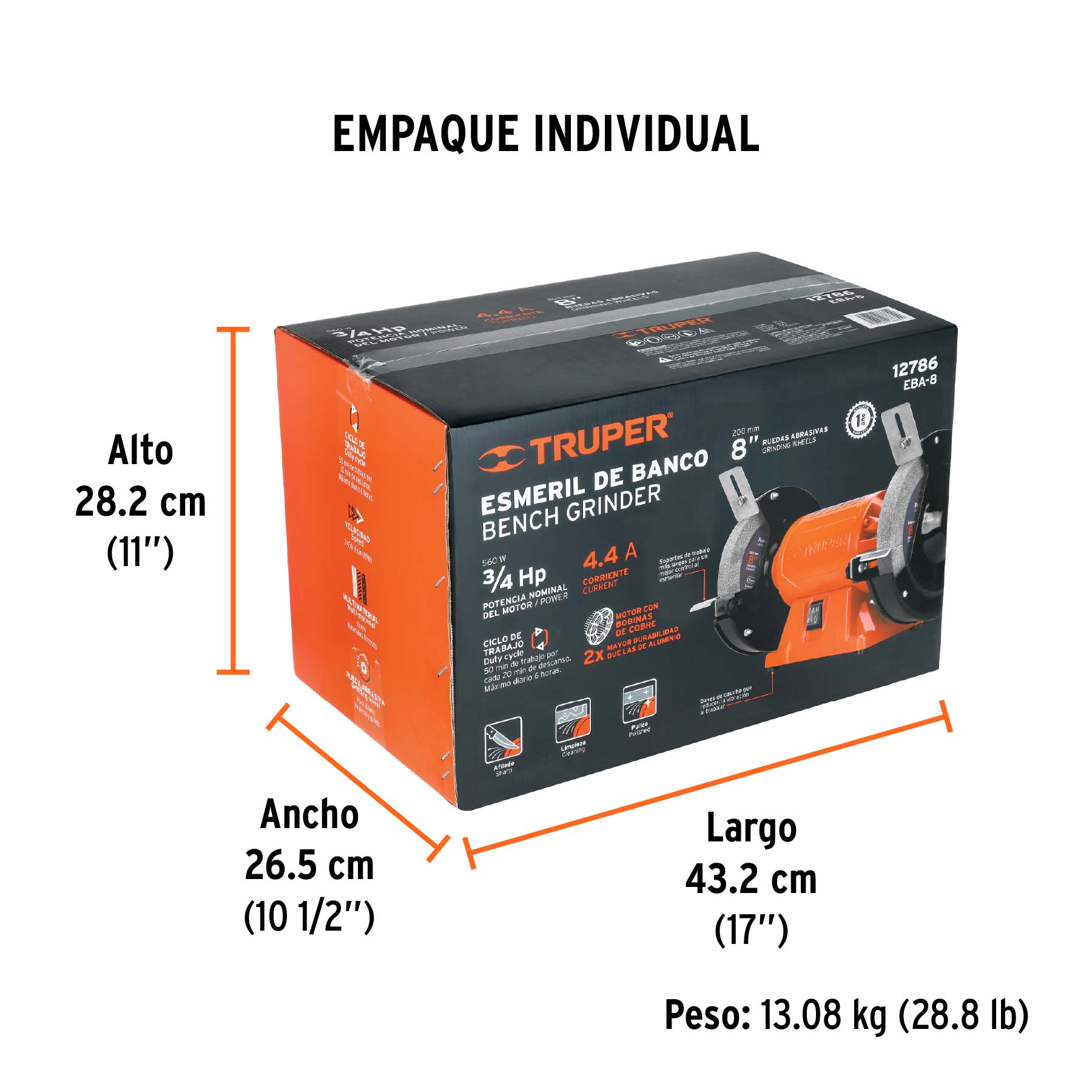 Esmeril de banco de 8" de 3/4 HP (560 W), TRUPER - Empaque