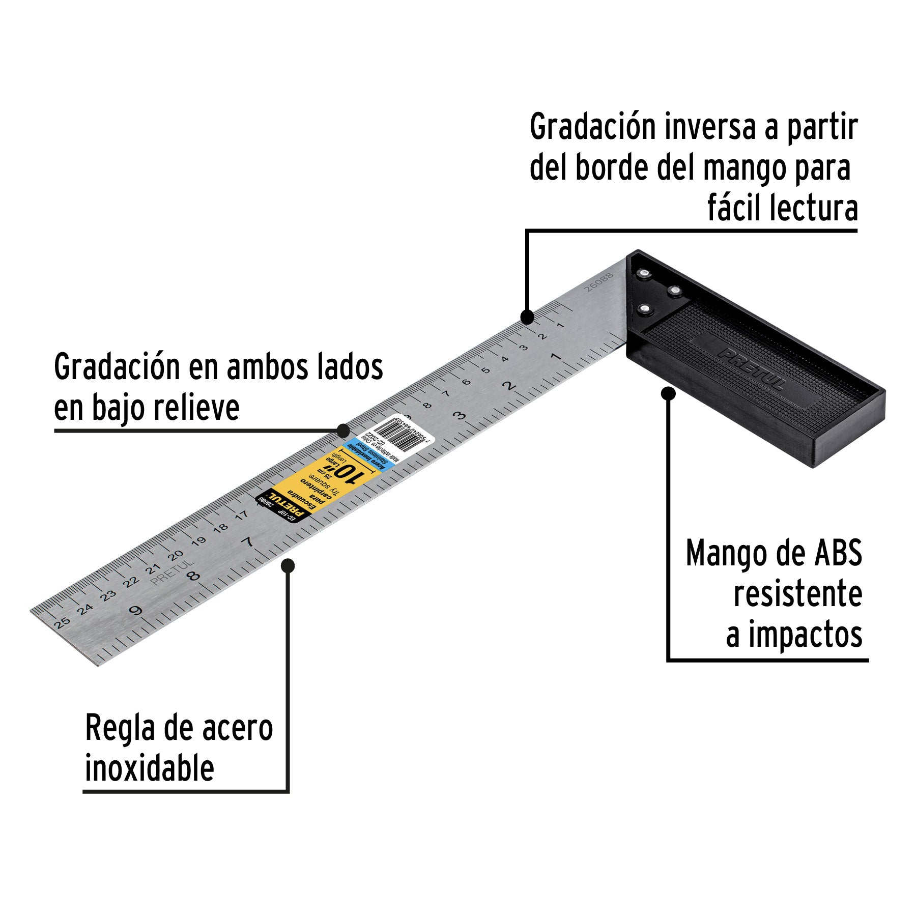 Escuadra 10" para carpintero, PRETUL