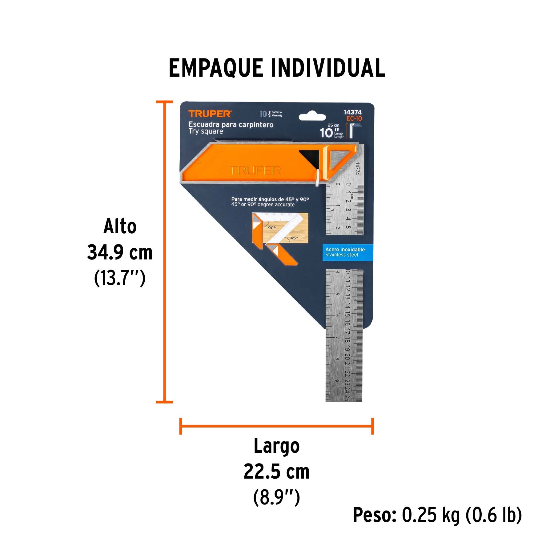Escuadra 10" para carpintero con mango 100% de aluminio - Empaque