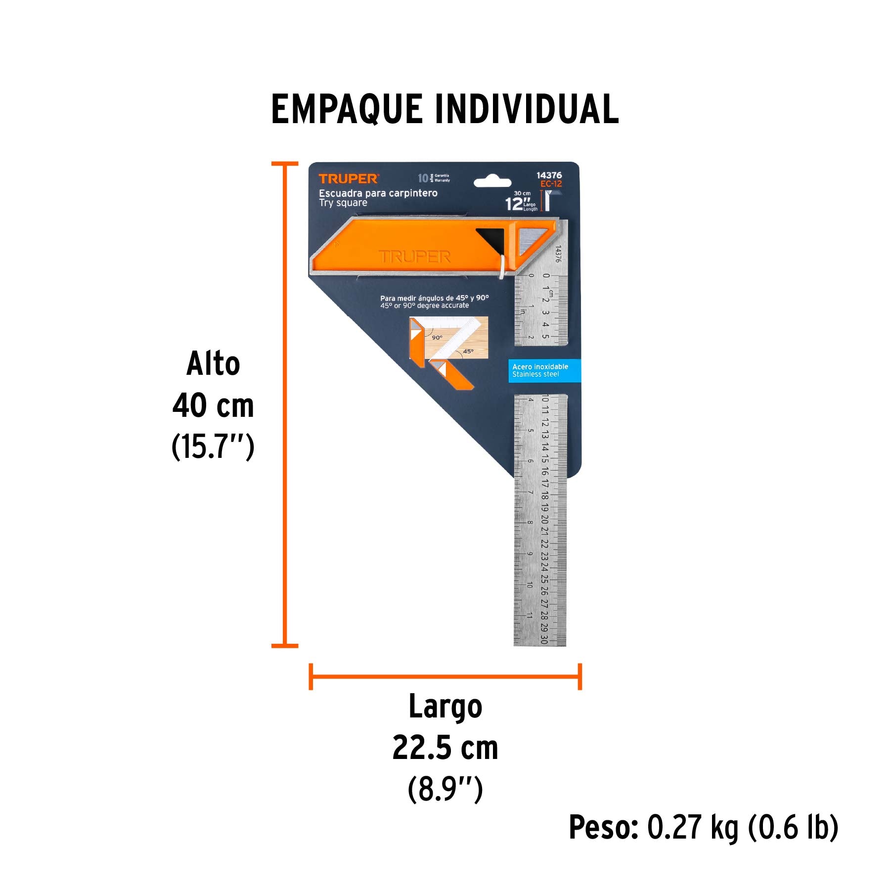Escuadra 12" para carpintero con mango 100% de aluminio - Empaque