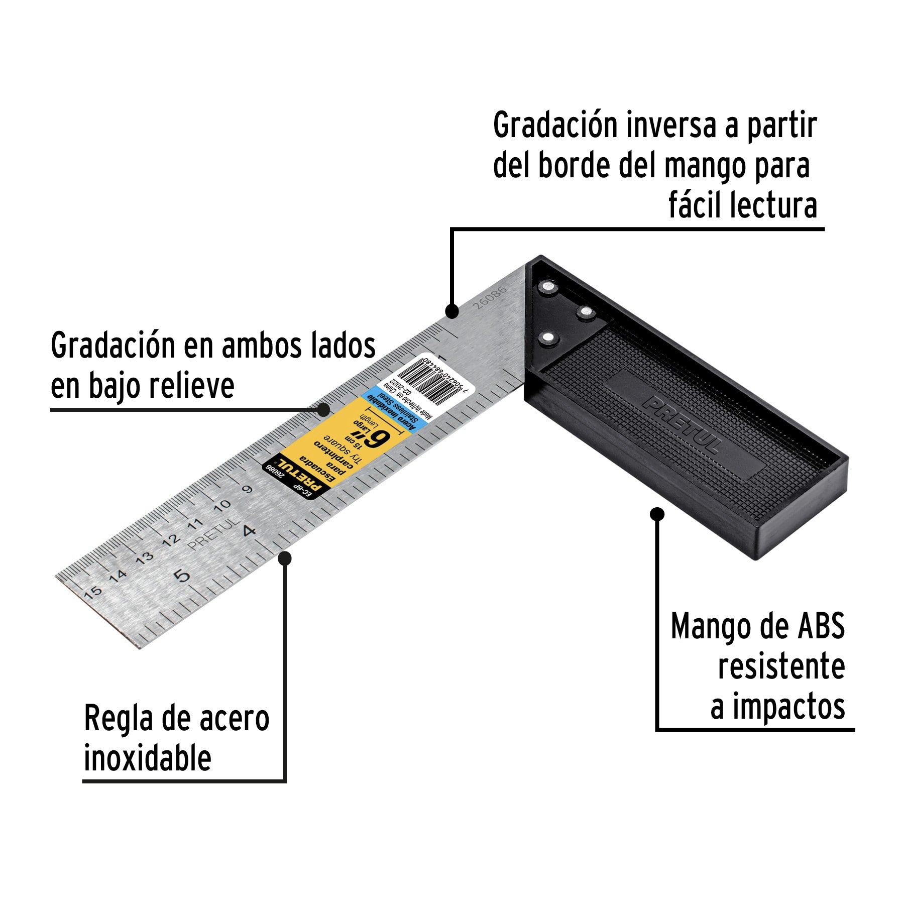 Escuadra 6" para carpintero, PRETUL