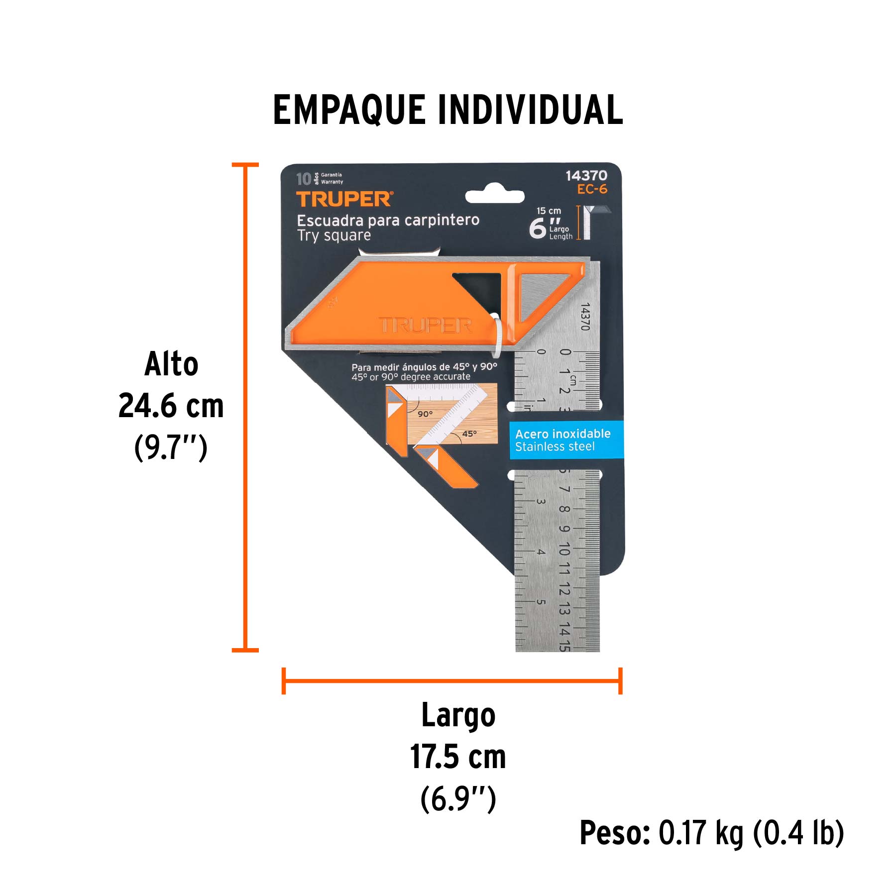 Escuadra 6" para carpintero con mango 100% de aluminio - Empaque