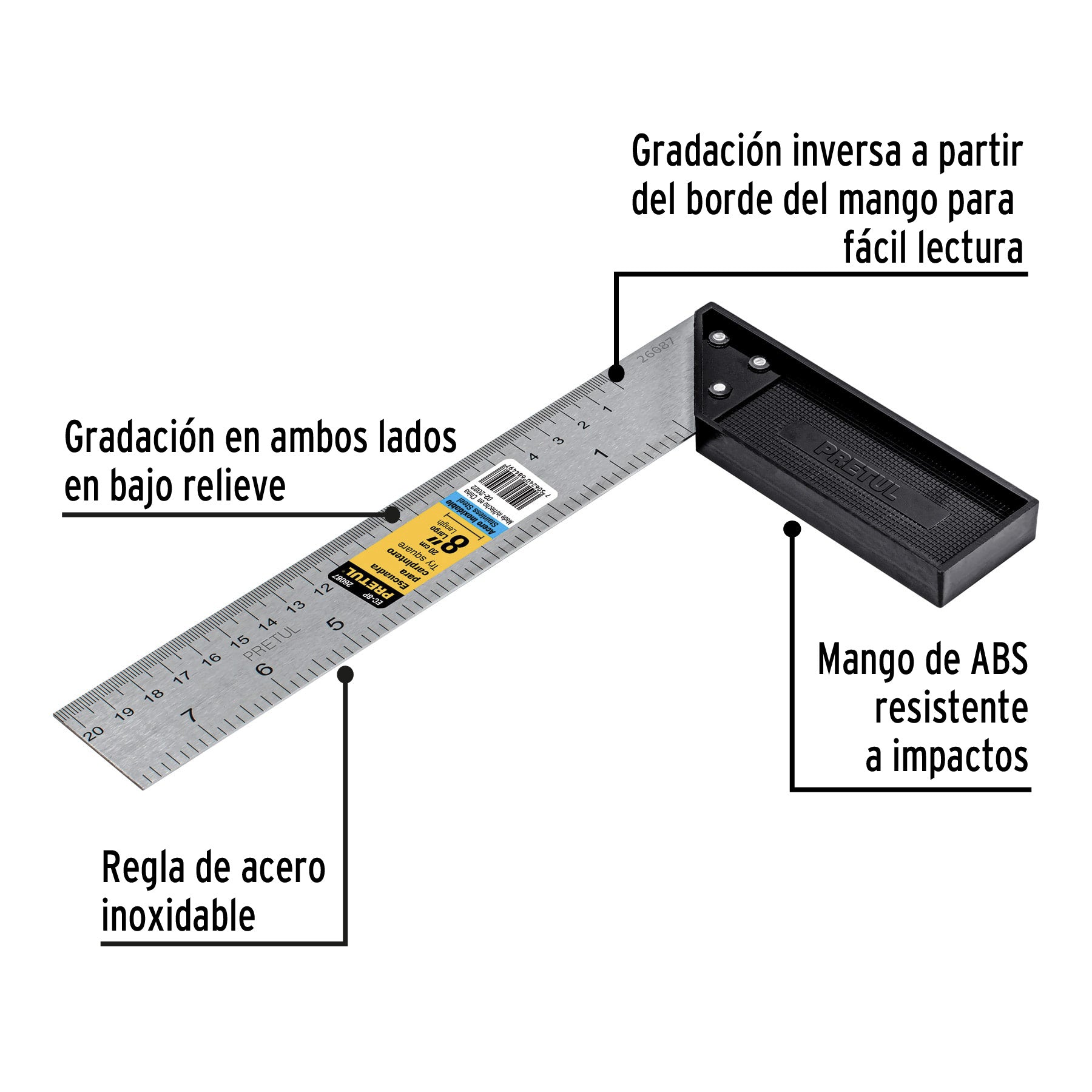 Escuadra 8" para carpintero, PRETUL