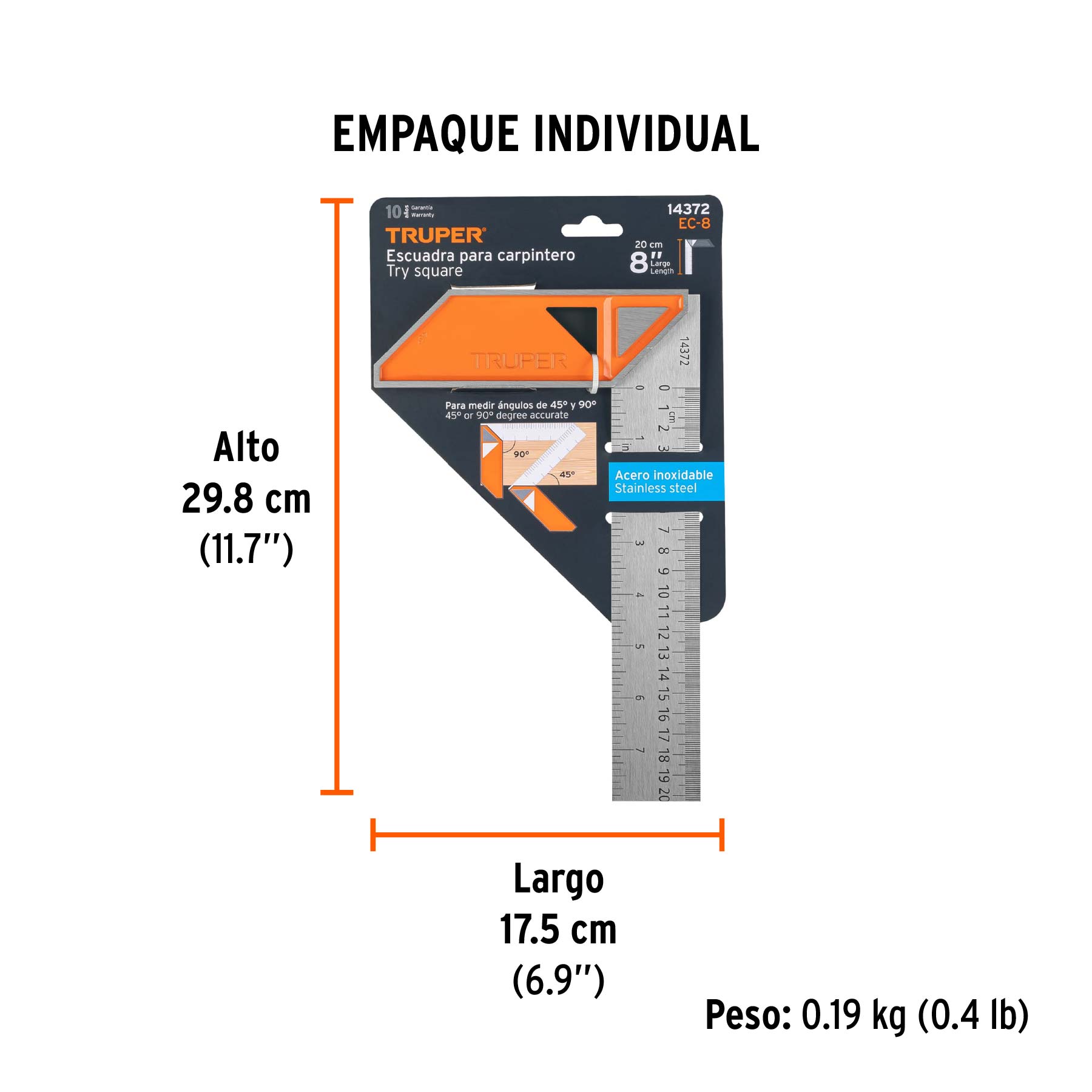 Escuadra 8" para carpintero con mango 100% de aluminio - Empaque