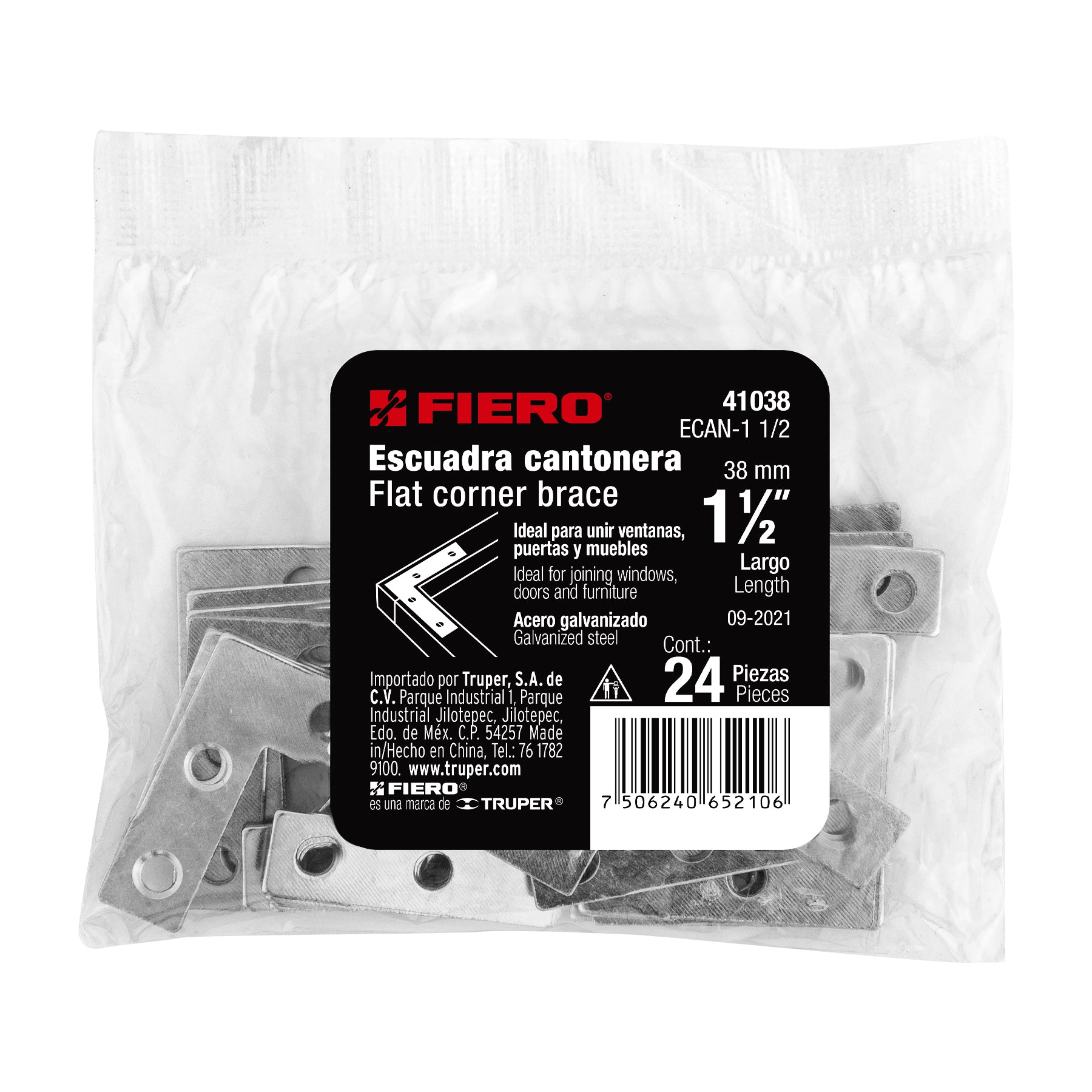 Bolsa c/24 escuadras planas cantoneras 1-1/2"x1-1/2", FIERO