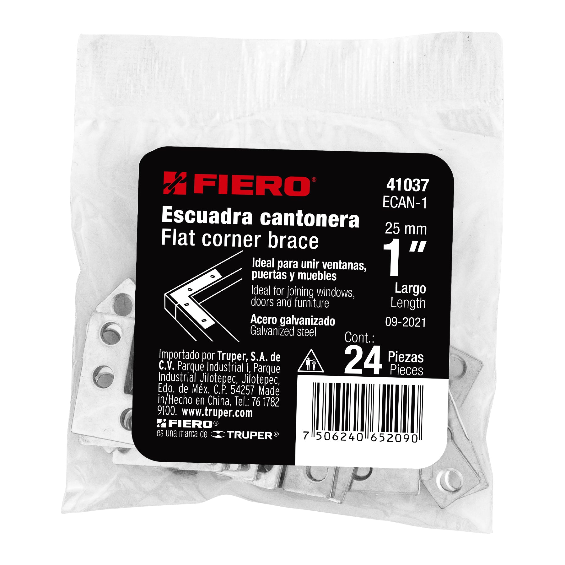 Bolsa c/24 escuadras planas cantoneras 1" x 1", FIERO