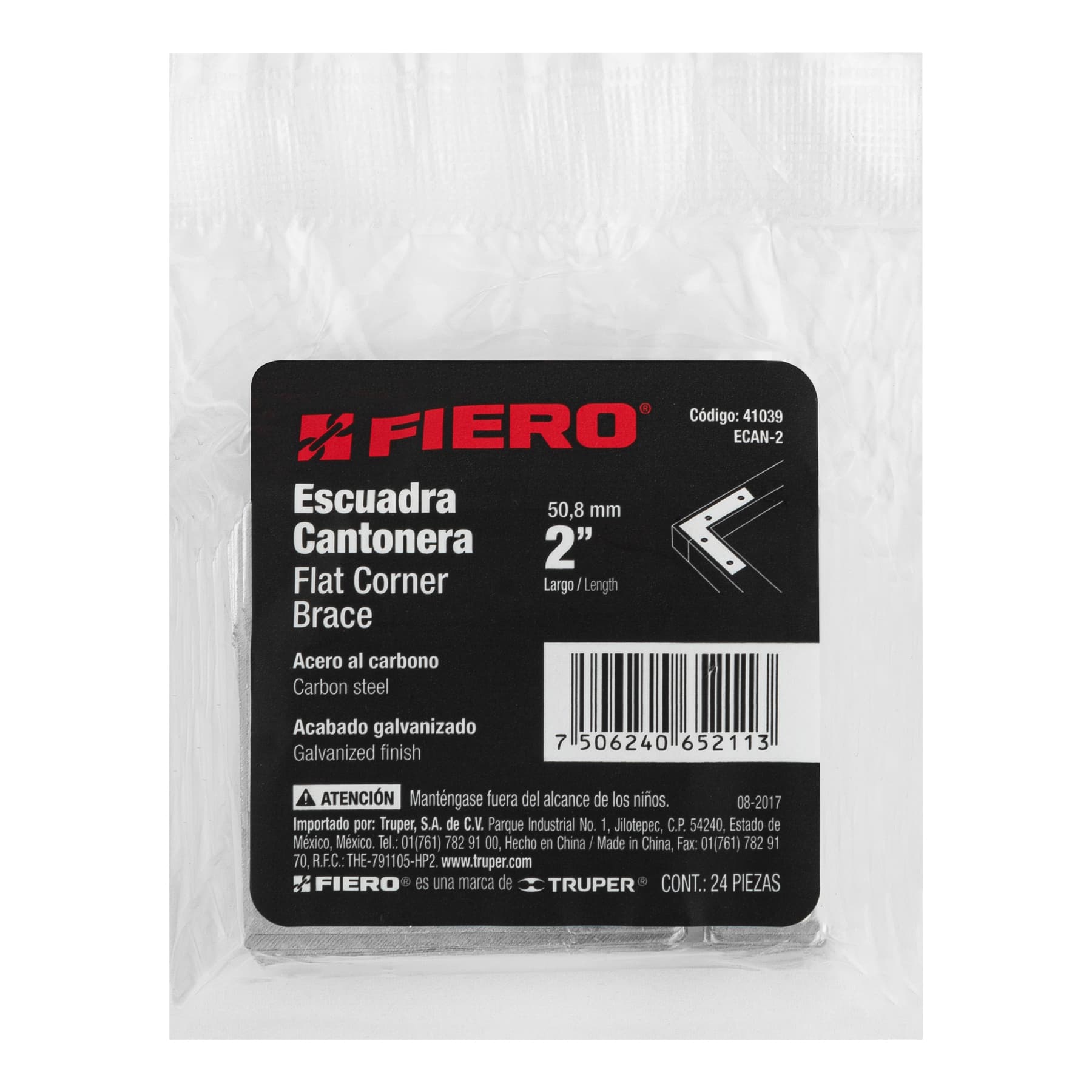 Bolsa c/24 escuadras planas cantoneras 2" x 2", FIERO