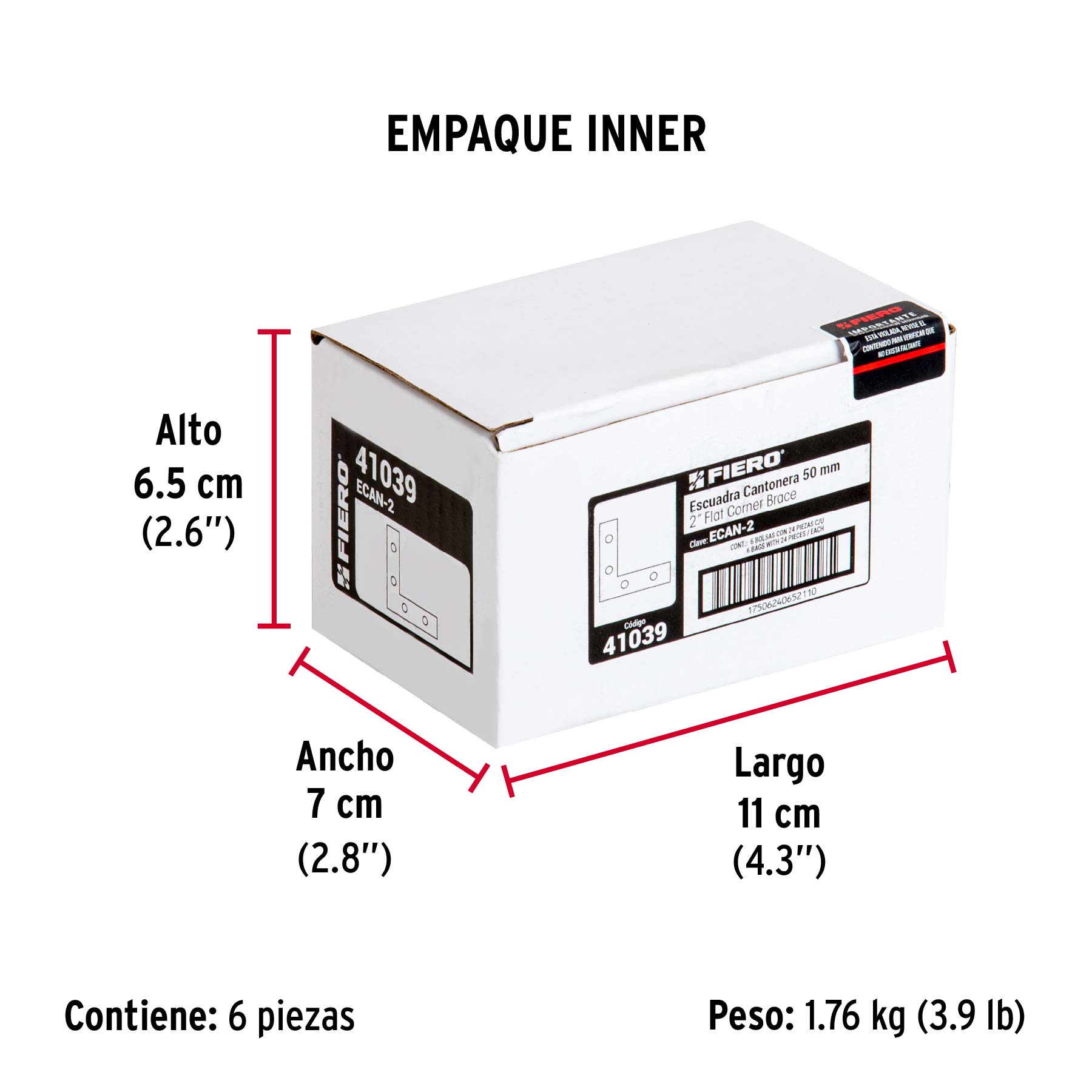 Bolsa c/24 escuadras planas cantoneras 2" x 2", FIERO - Empaque