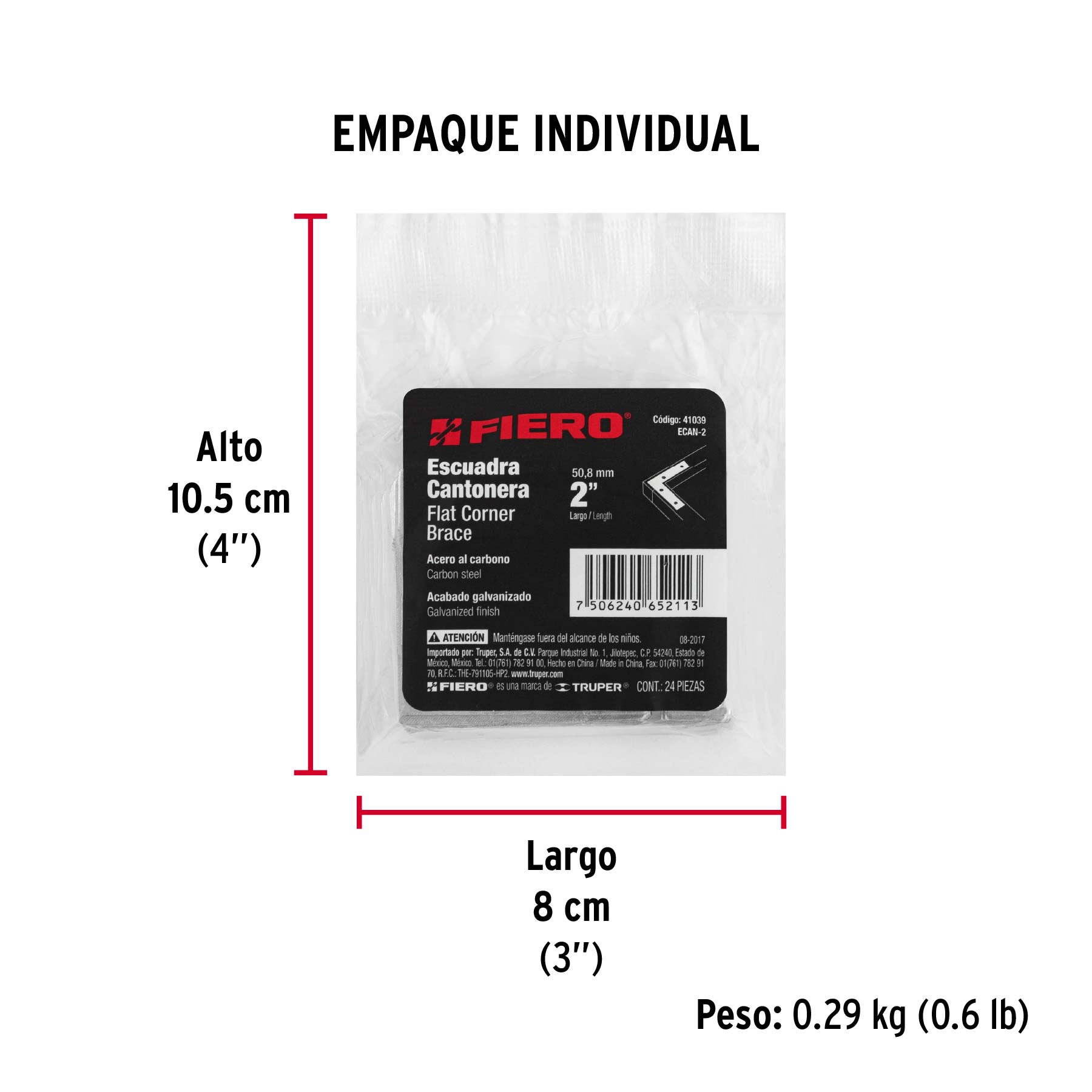 Bolsa c/24 escuadras planas cantoneras 2" x 2", FIERO - Empaque