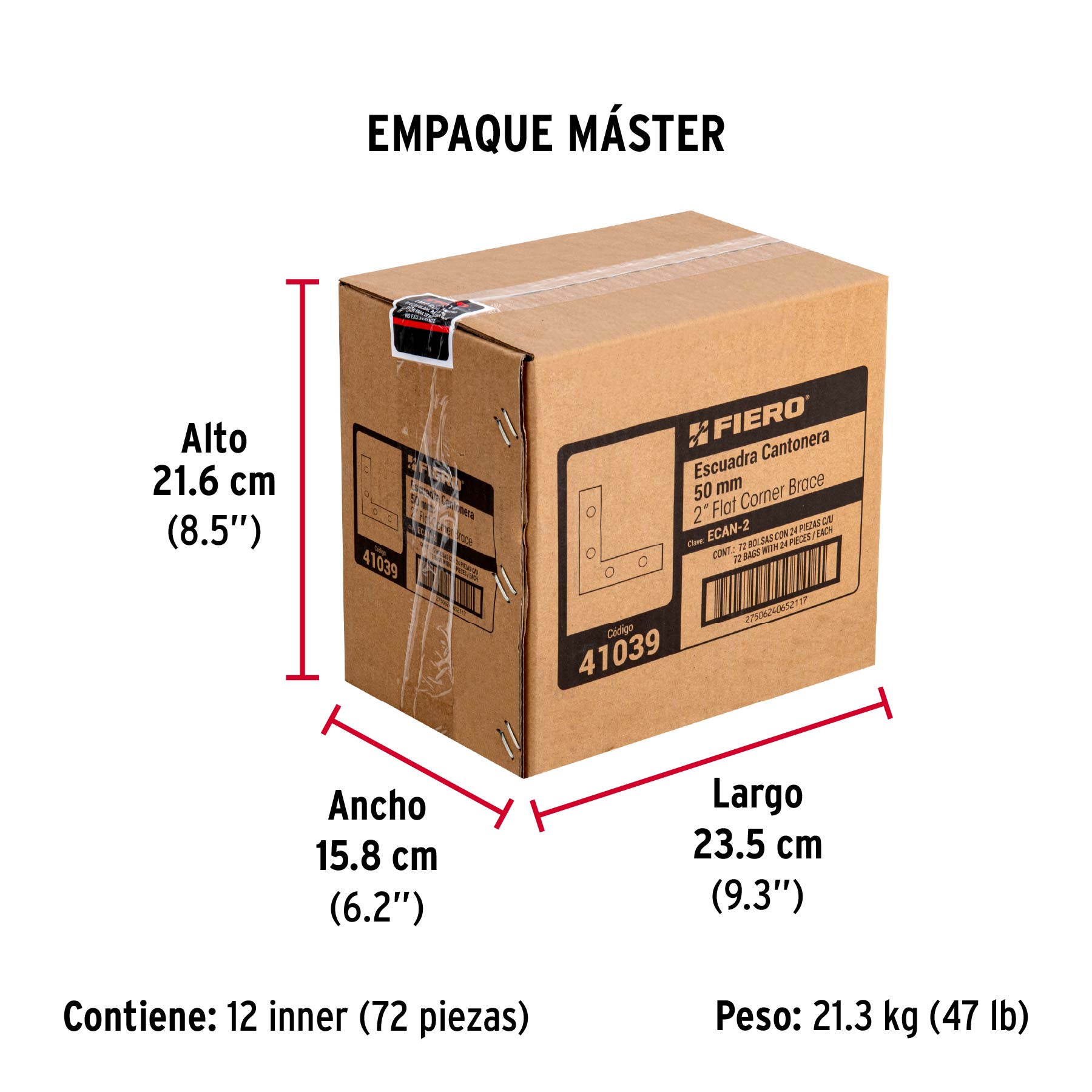 Bolsa c/24 escuadras planas cantoneras 2" x 2", FIERO - Empaque