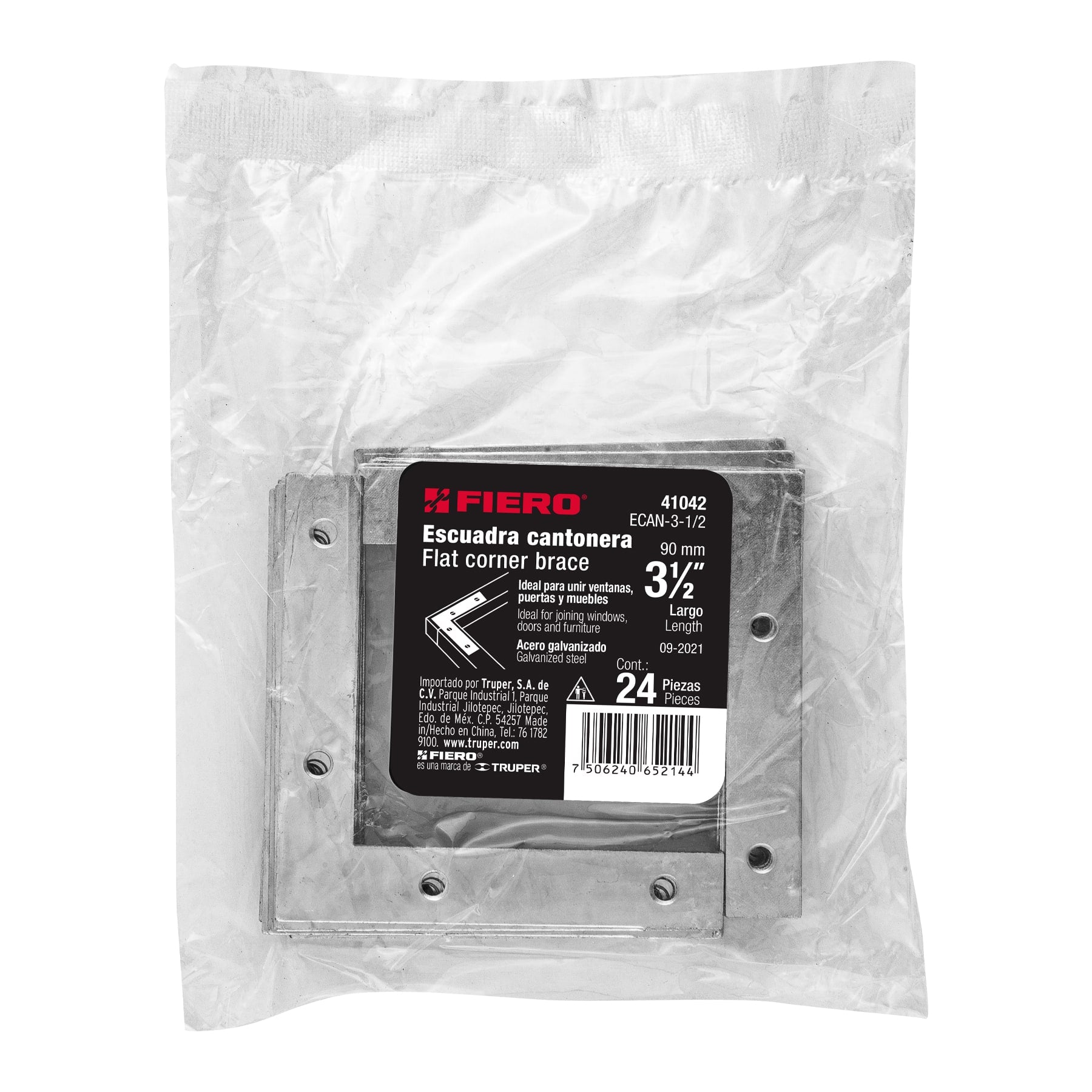 Bolsa c/24 escuadras planas cantoneras 3-1/2"x3-1/2", FIERO