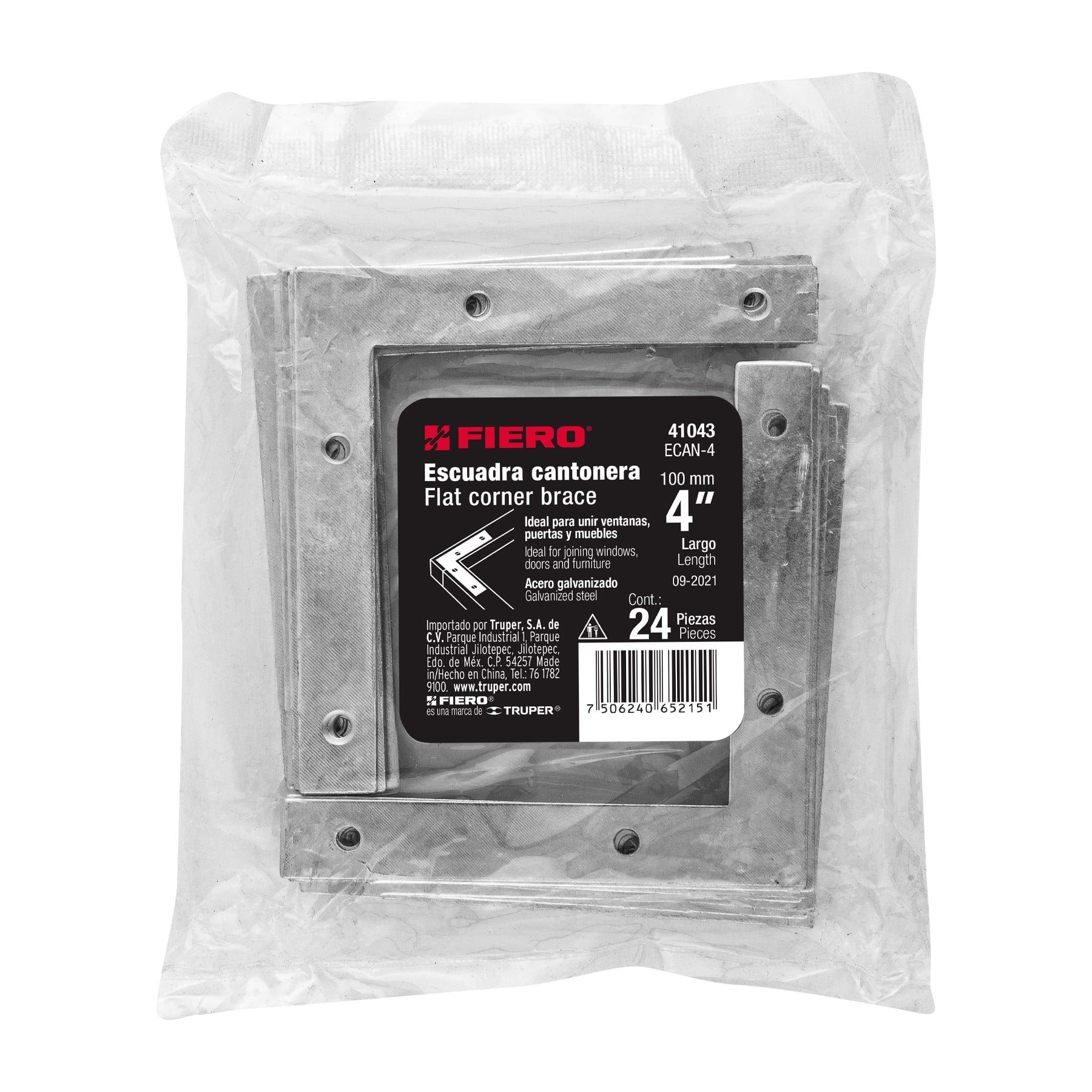 Bolsa c/24 escuadras planas cantoneras 4" x 4", FIERO