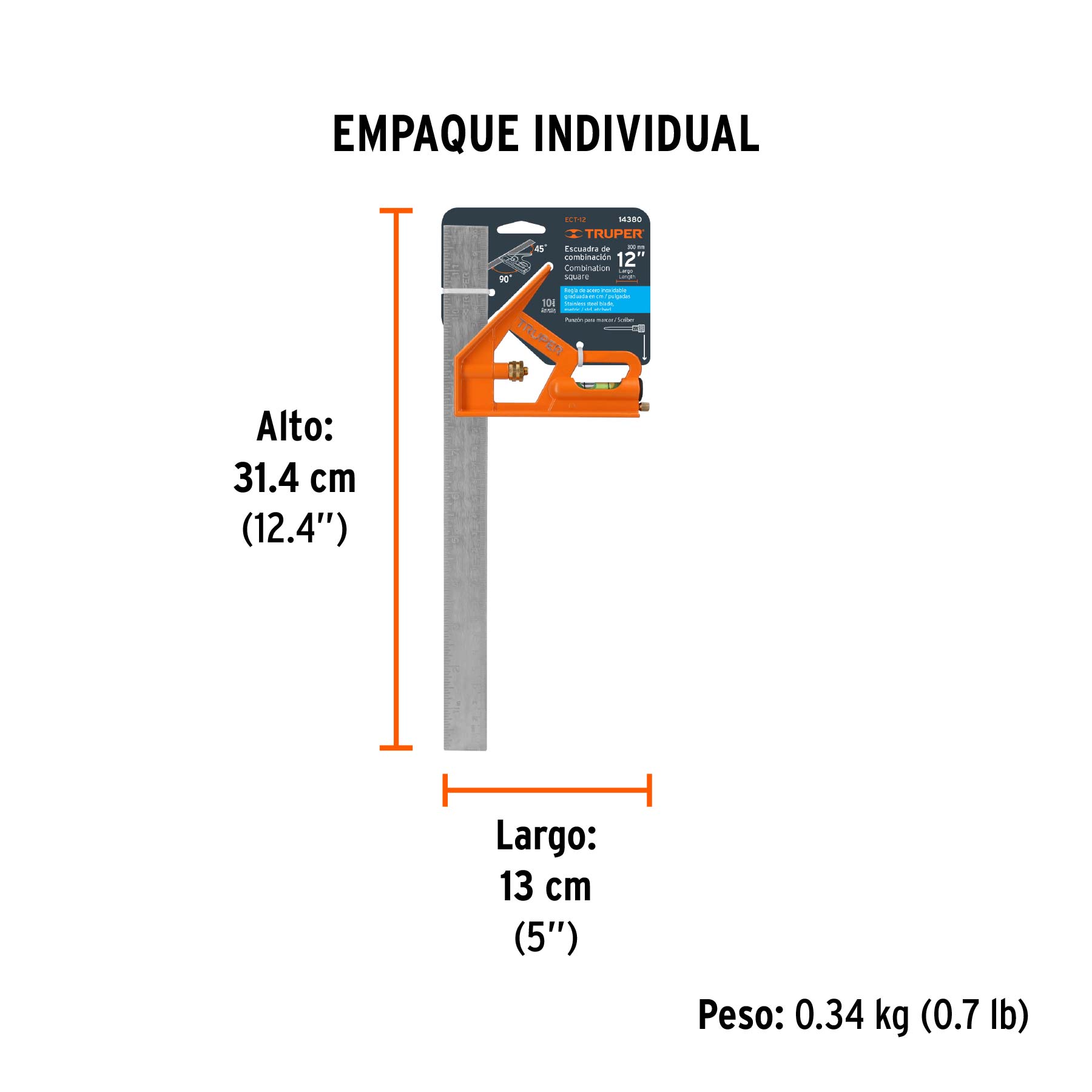 Escuadra 12" de combinación con punzón para marcar, TRUPER - Empaque