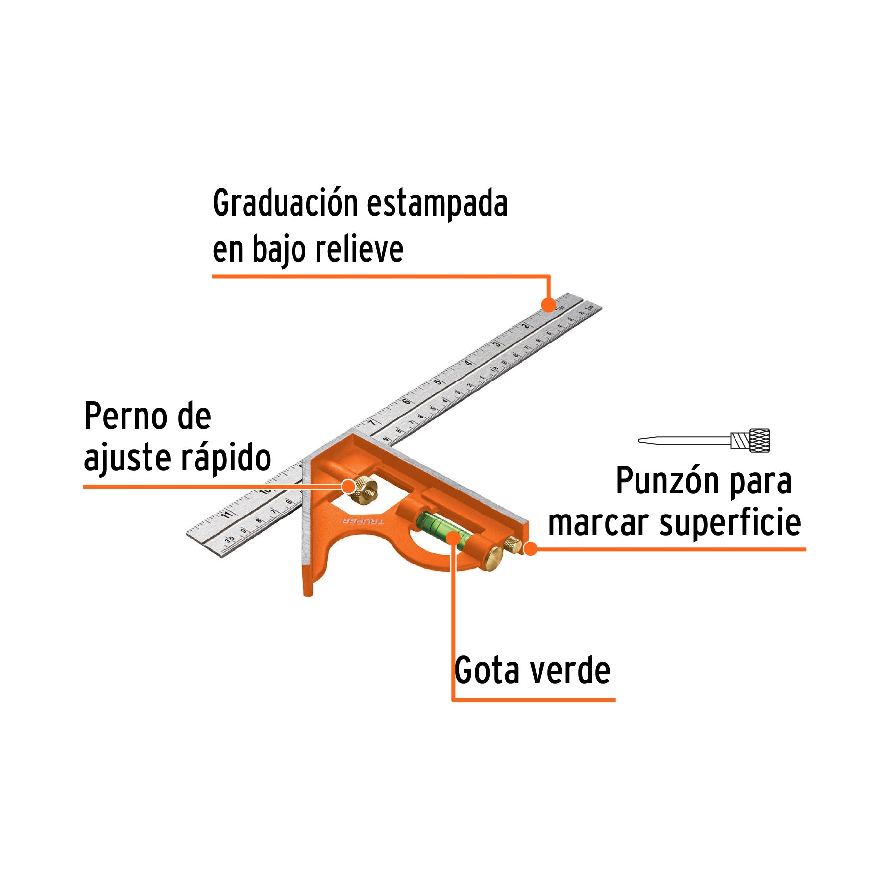 Escuadra 12" de combinación con punzón para marcar, TRUPER