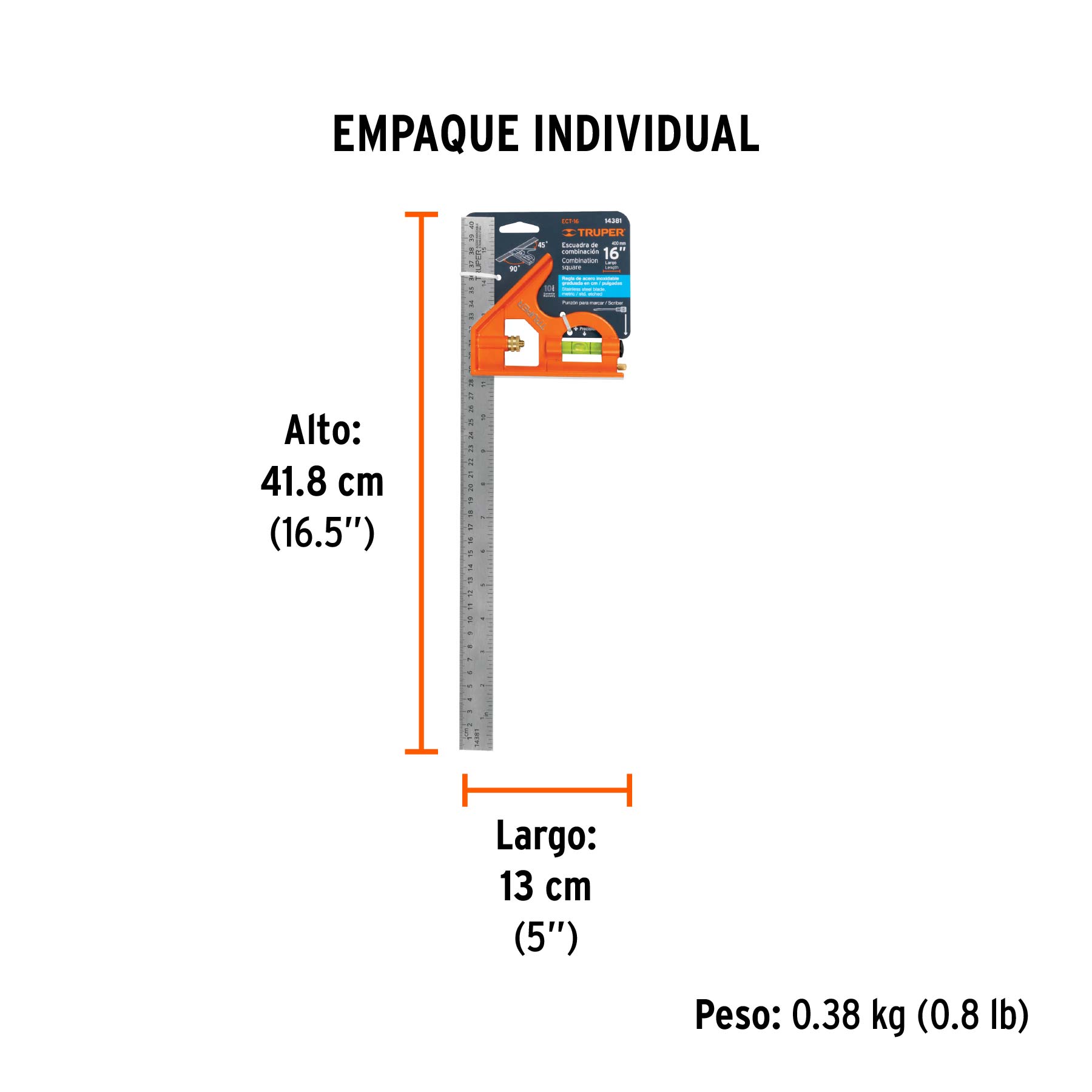 Escuadra 16" de combinación con punzón para marcar, TRUPER - Empaque