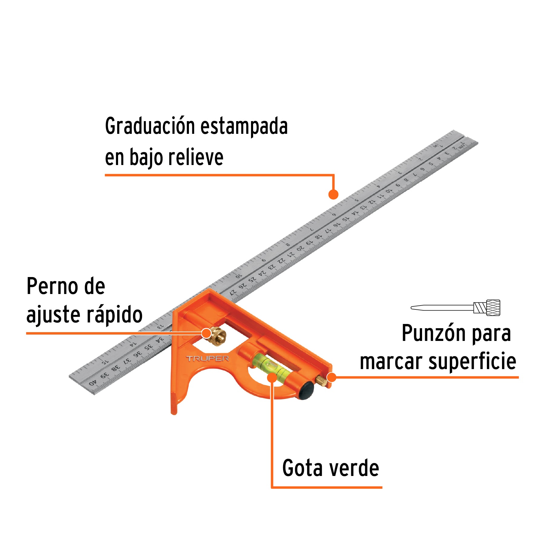 Escuadra 16" de combinación con punzón para marcar, TRUPER