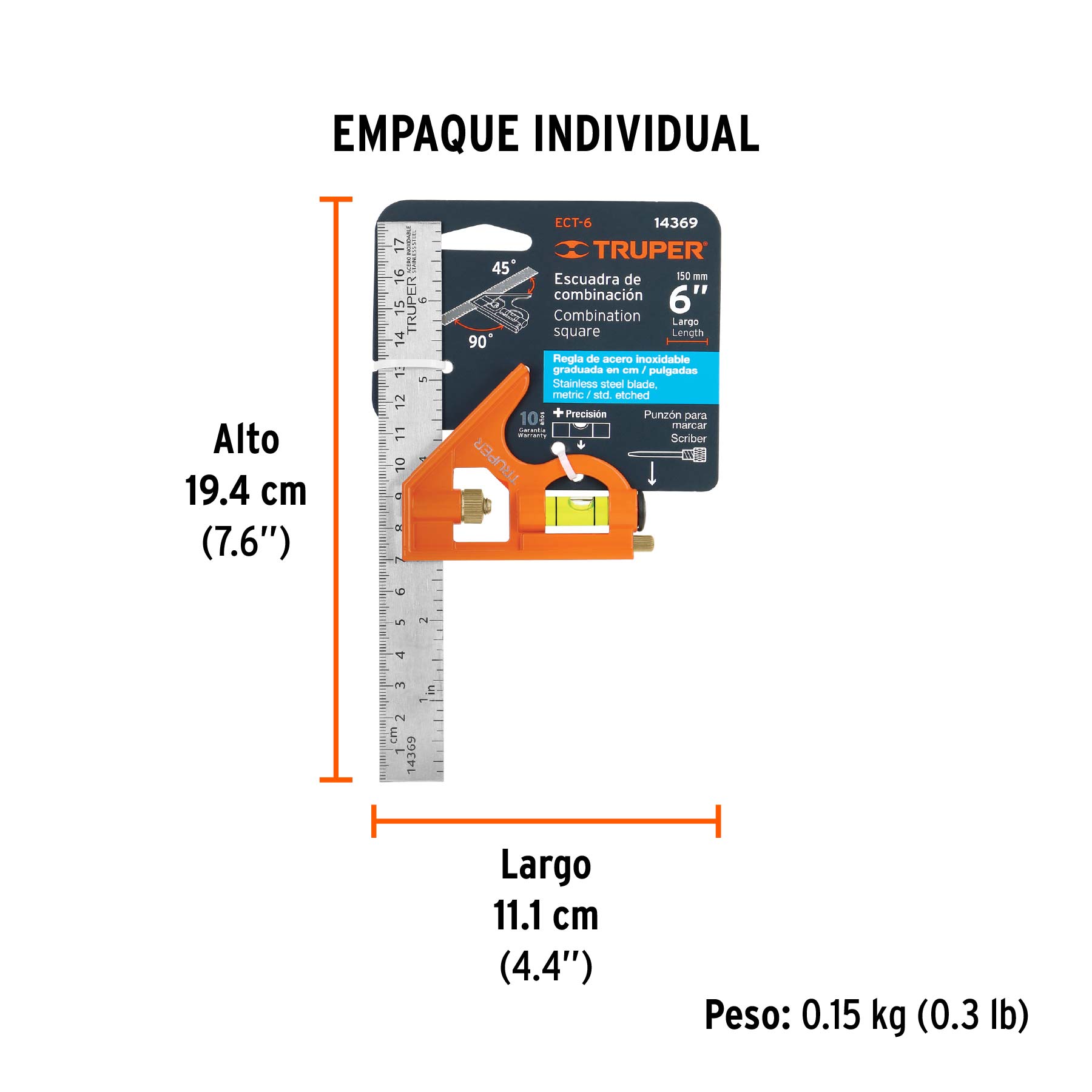 Escuadra 7" de combinación con punzón para marcar, TRUPER - Empaque