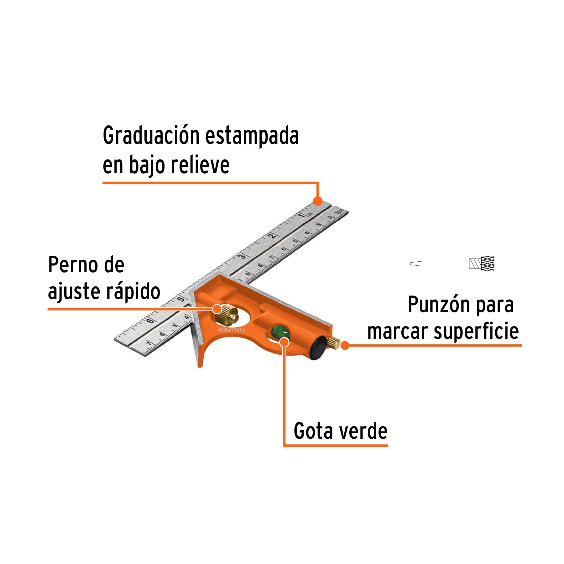 Escuadra 7" de combinación con punzón para marcar, TRUPER