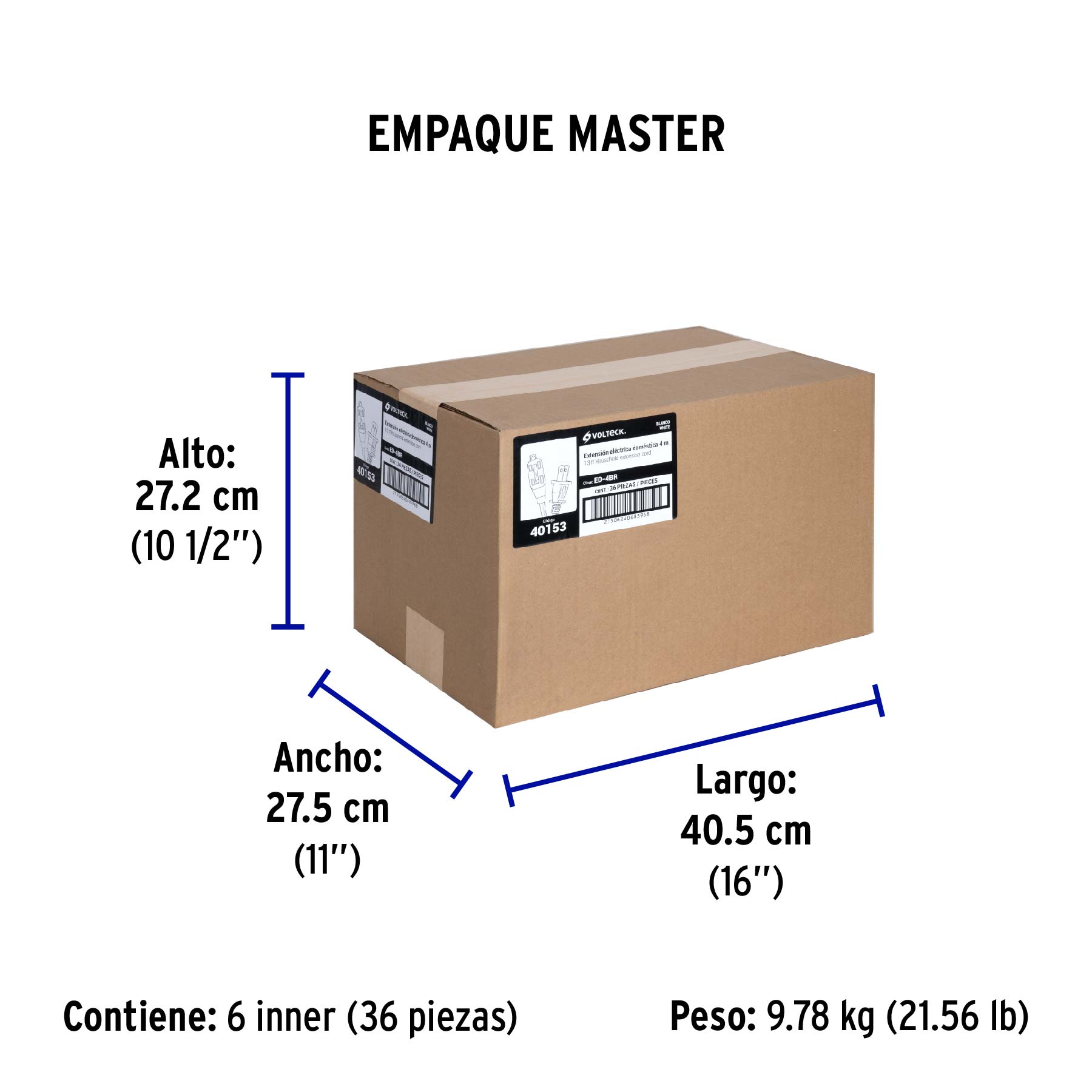 Extensión eléctrica doméstica 4 m clavija recta, blanca - Empaque