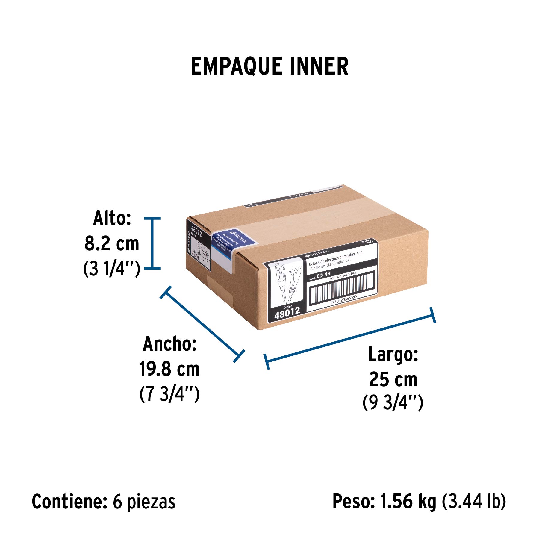 Extensión eléctrica doméstica 4 m clavija plana, blanca - Empaque