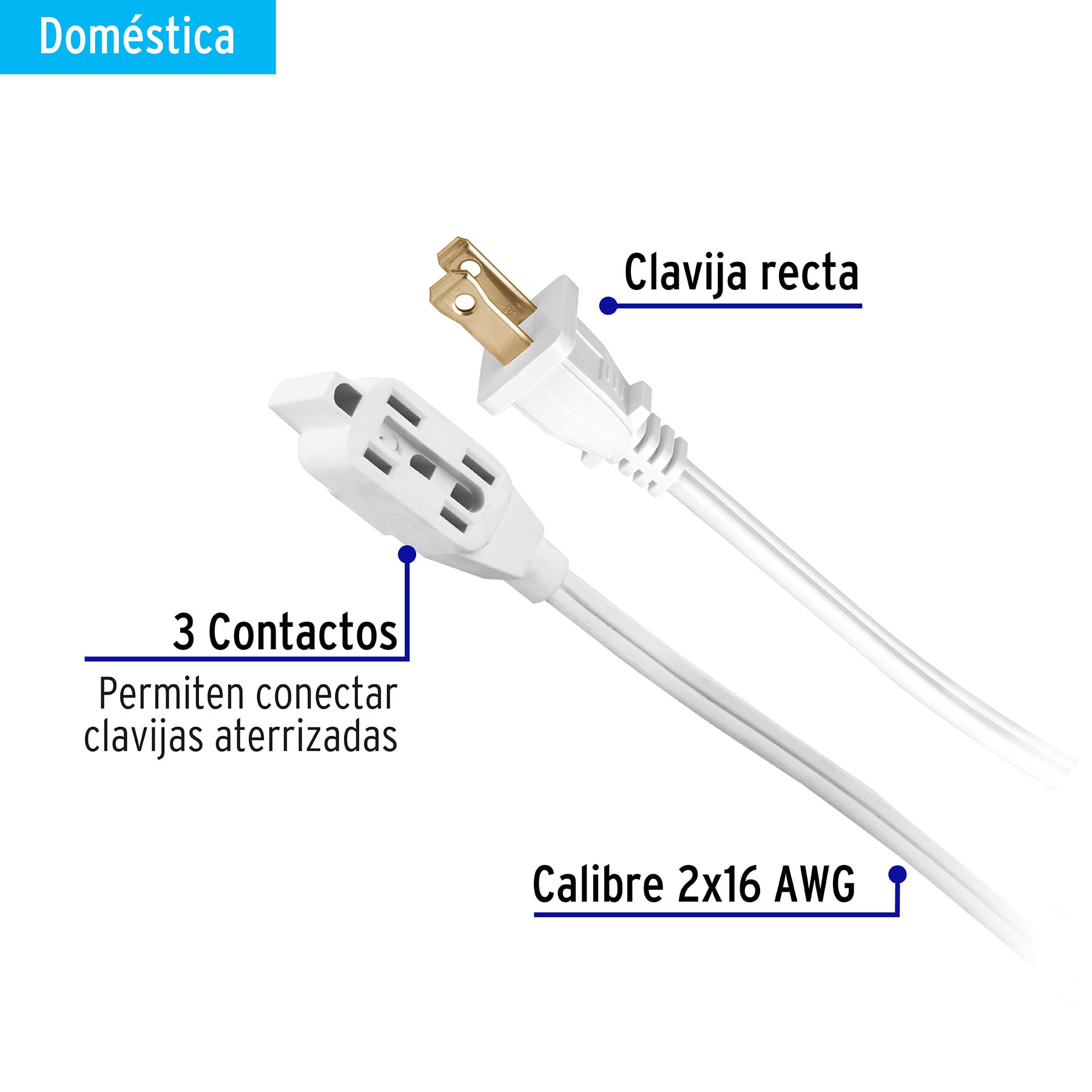 Extensión eléctrica doméstica 5 m clavija recta, blanca