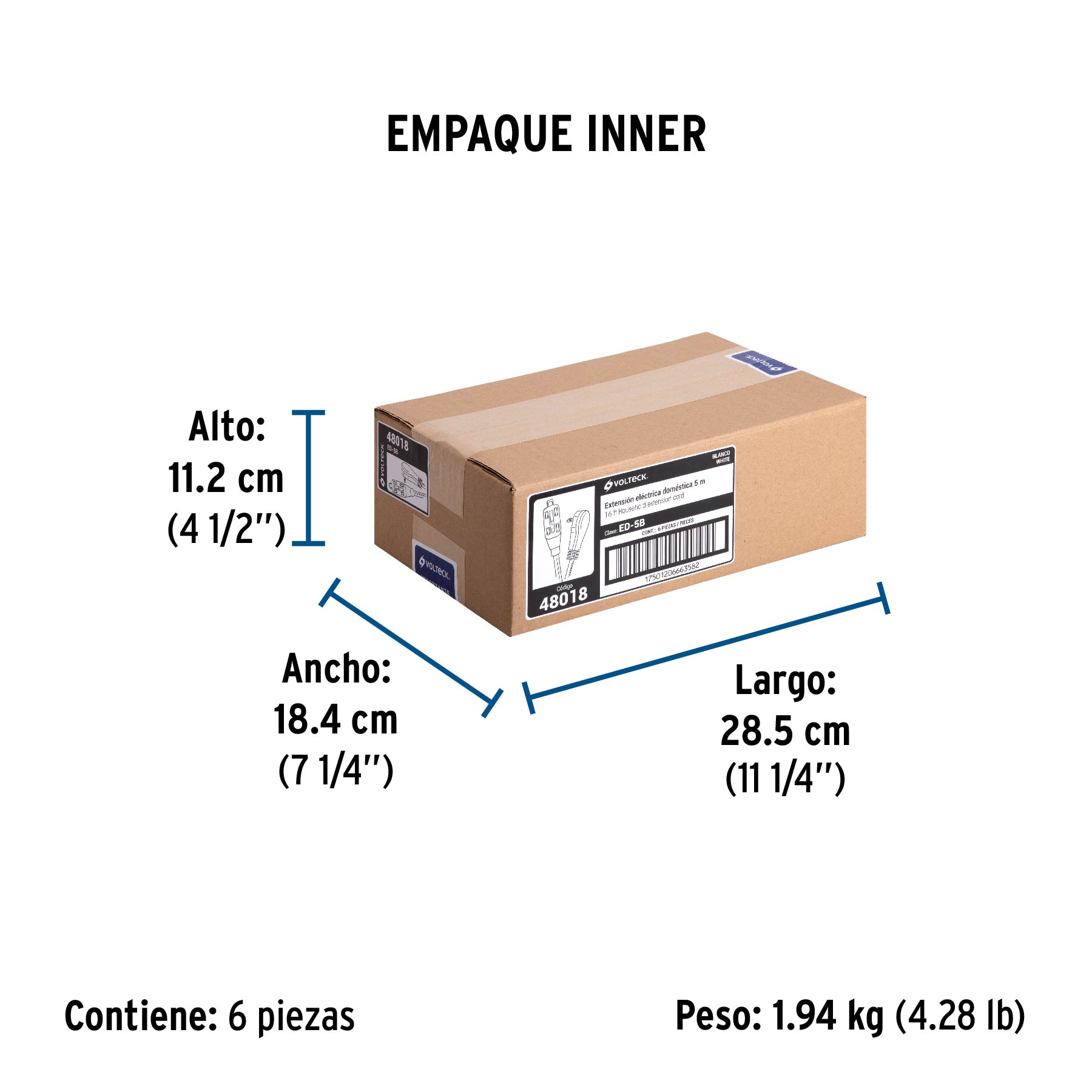 Extensión eléctrica doméstica 5 m clavija plana, blanca - Empaque