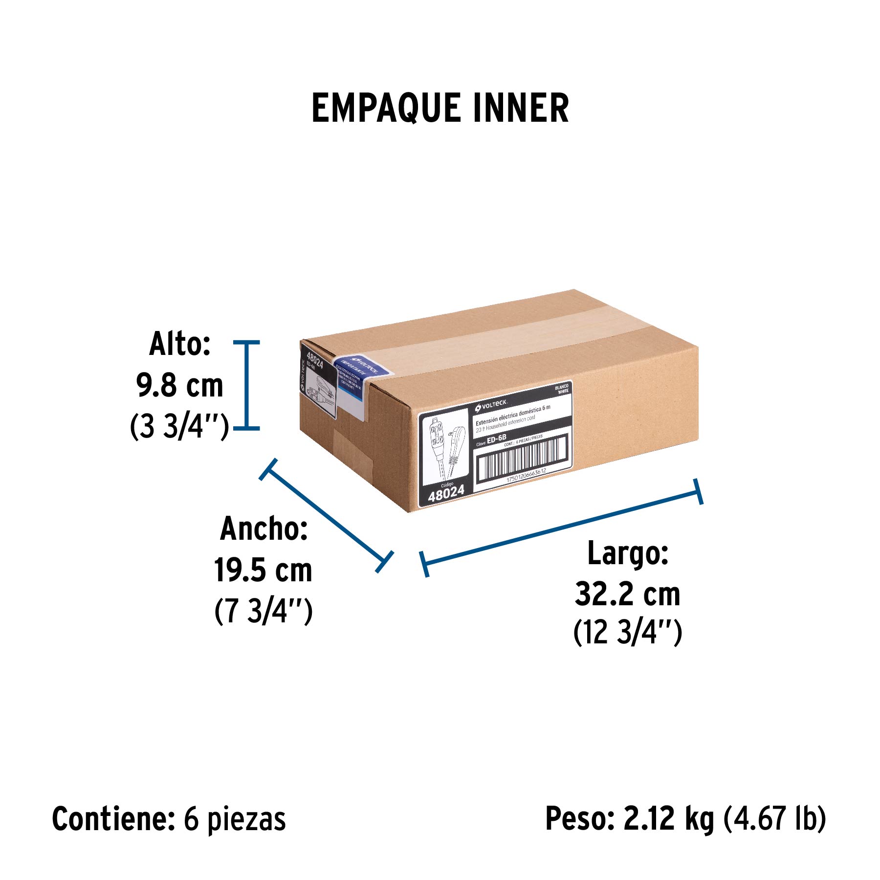 Extensión eléctrica doméstica 6 m clavija plana, blanca - Empaque